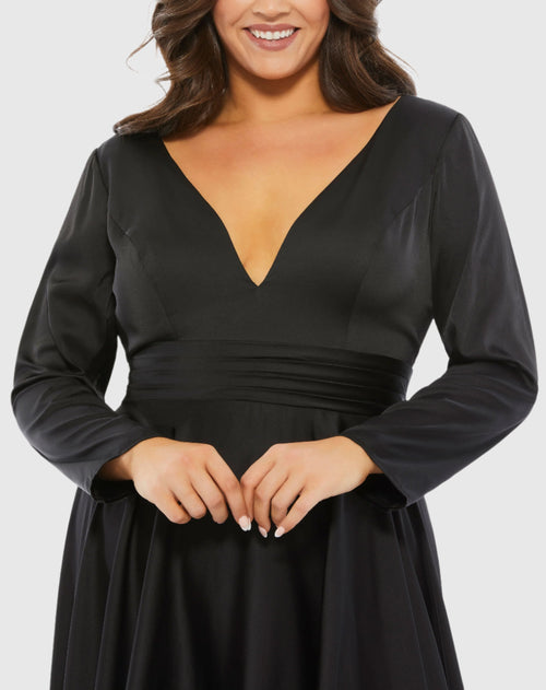 Satin Long Sleeve Sweetheart Flowy Midi Dress (Plus)