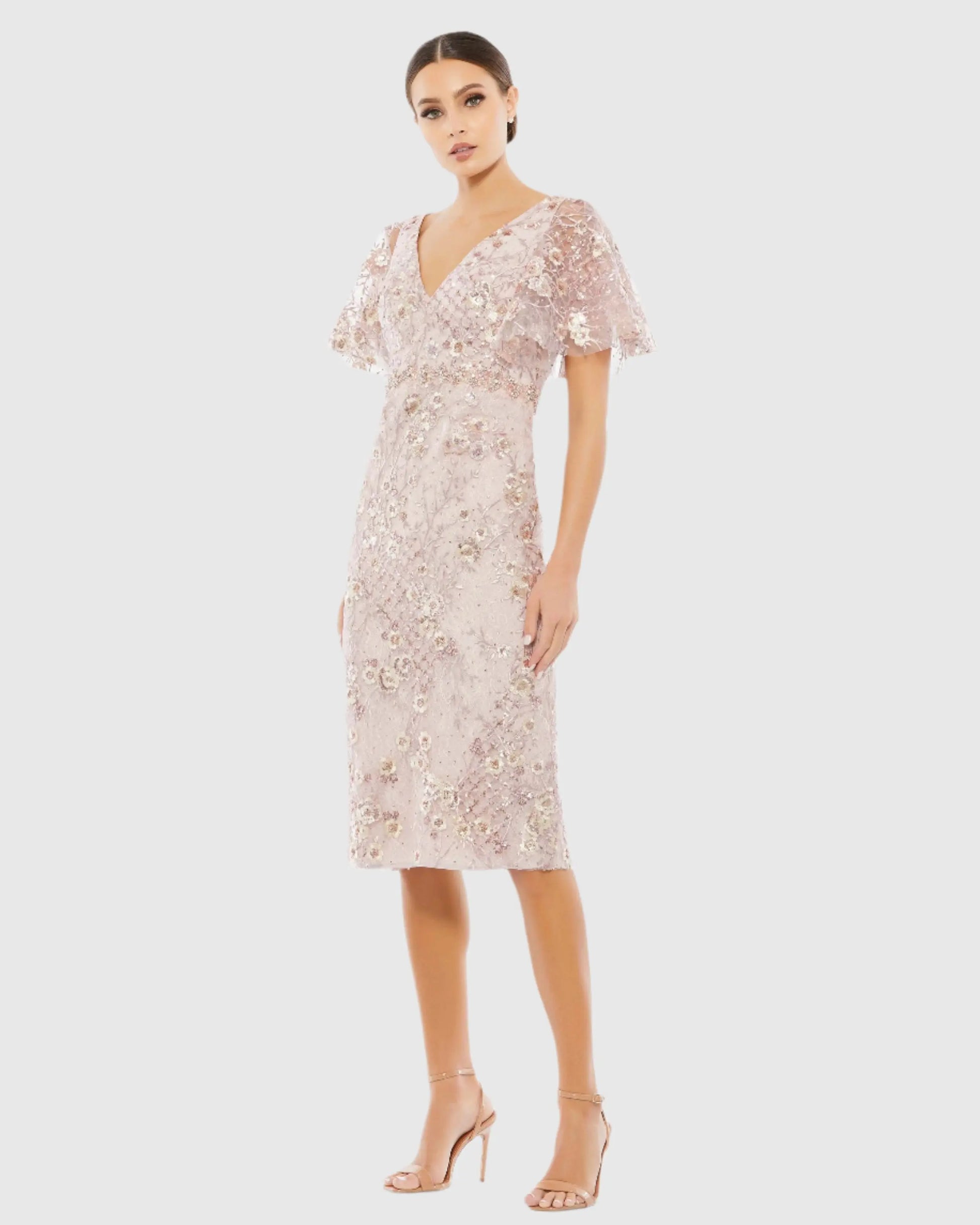 Embellished Illusion Butterfly Sleeve Cocktail Dress