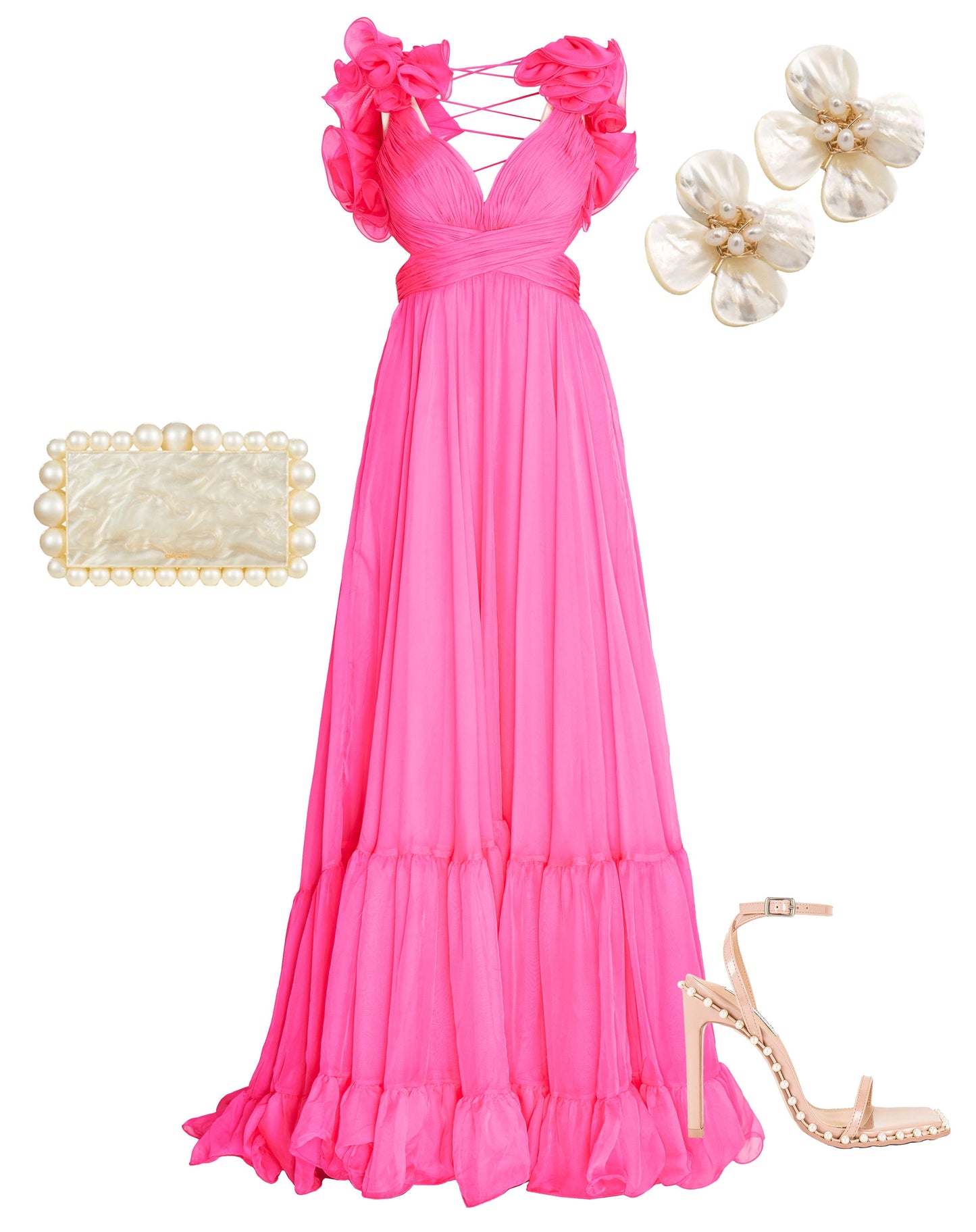 Ruffle Tiered Cut-Out Chiffon Gown