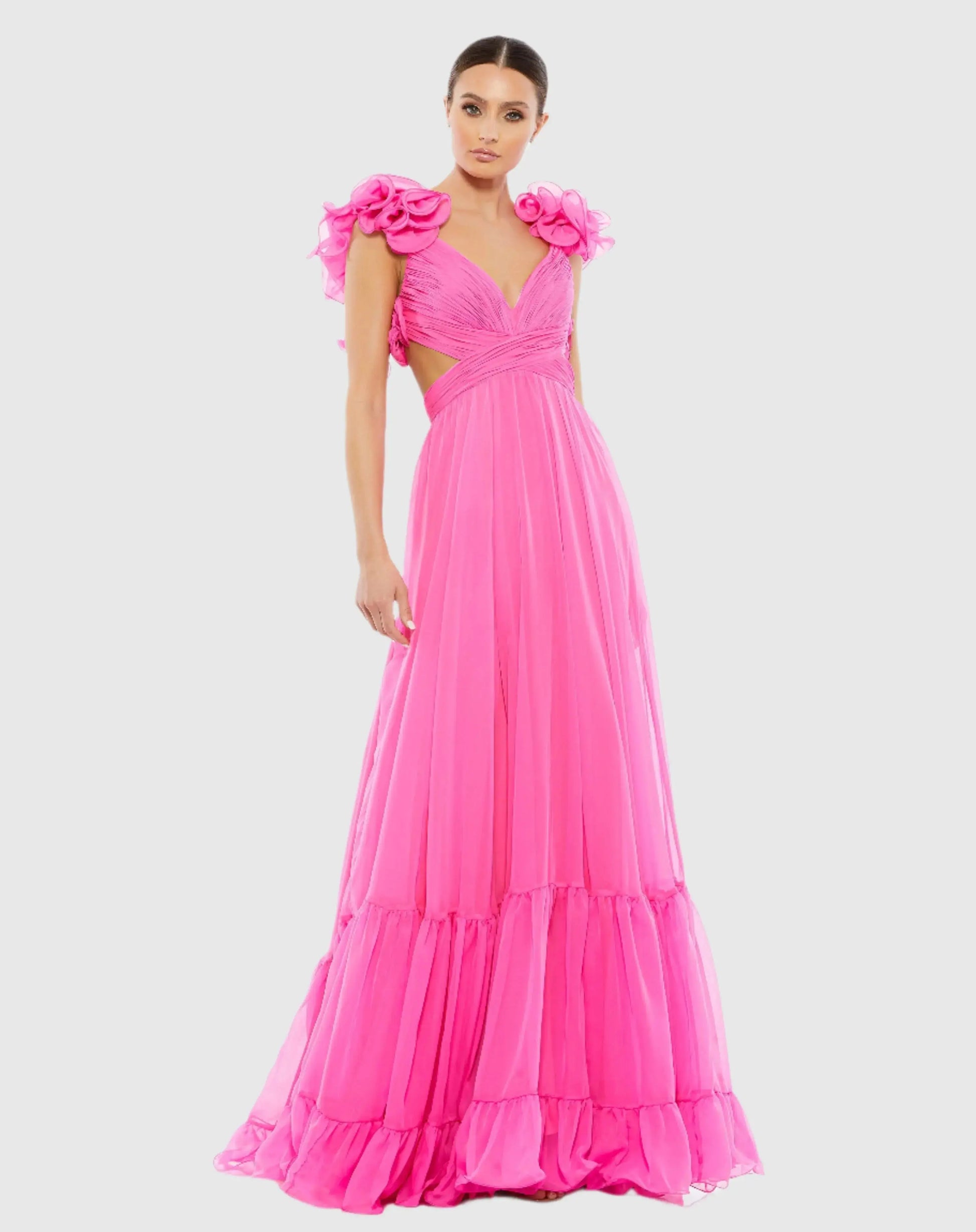 Dark Pink Ruffle Tiered Cut-Out Chiffon Gown | Mac Duggal Dark Pink Ruffle Tiered Cut-Out Chiffon Gown | Mac Duggal