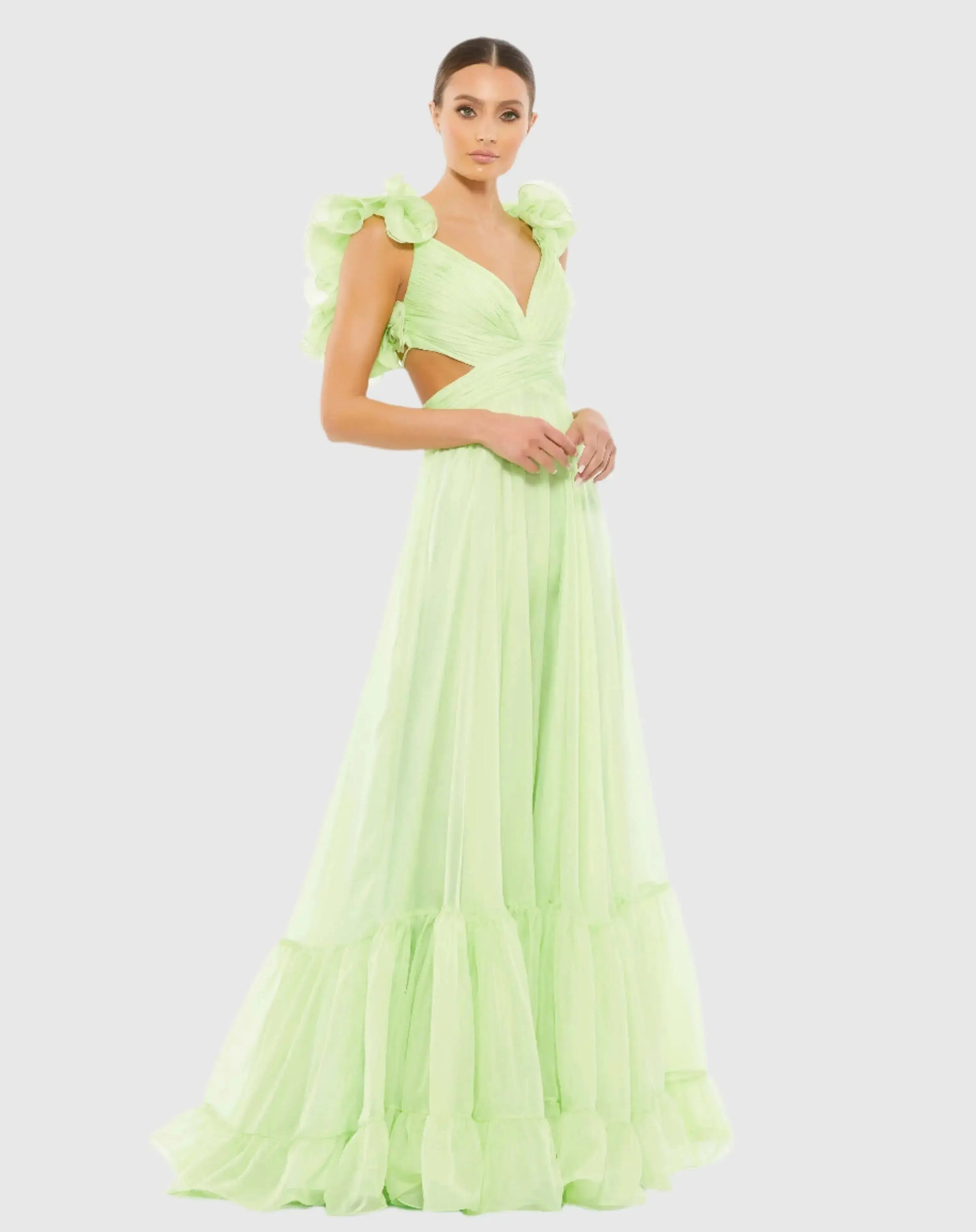 mac duggal ruffle-sleeve v-neck tiered chiffon maxi dress V Neck Puff Sleeve Ruffle Tiered A Line Gown