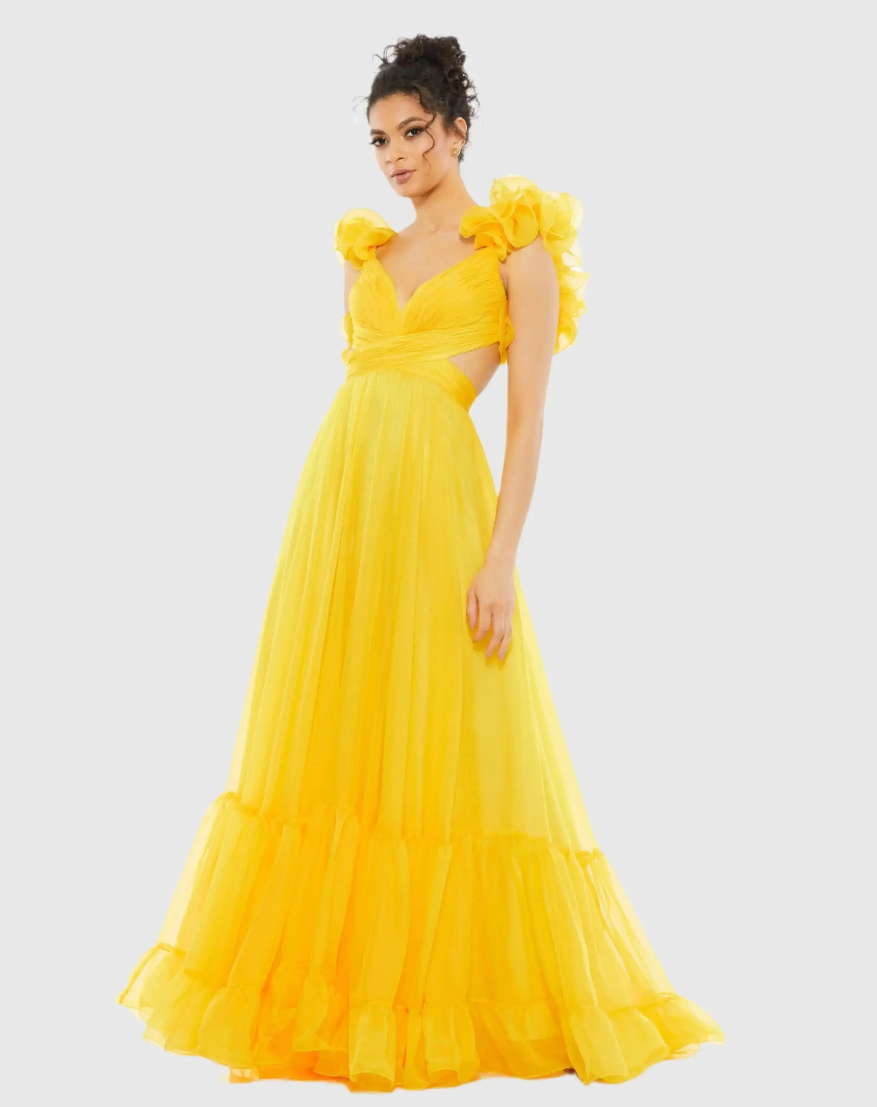 Yellow Ruffle Tiered Cut-Out Chiffon Gown - Mac Duggal