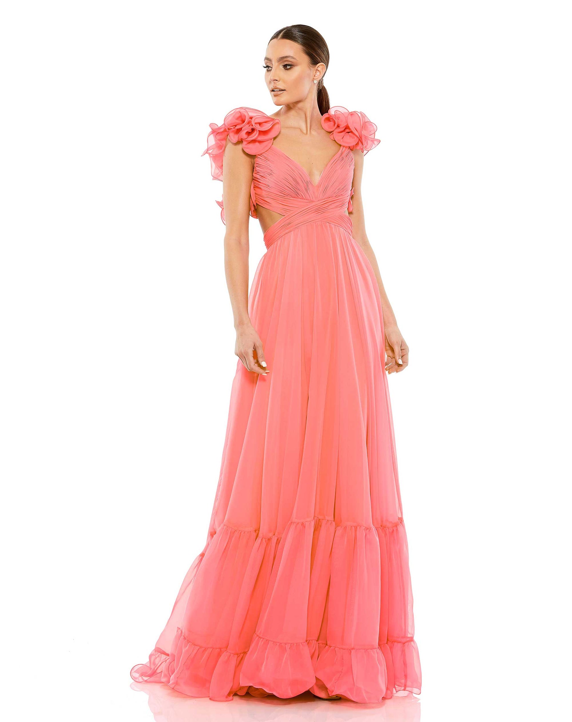 Ruffle Tiered Cut-Out Chiffon Gown