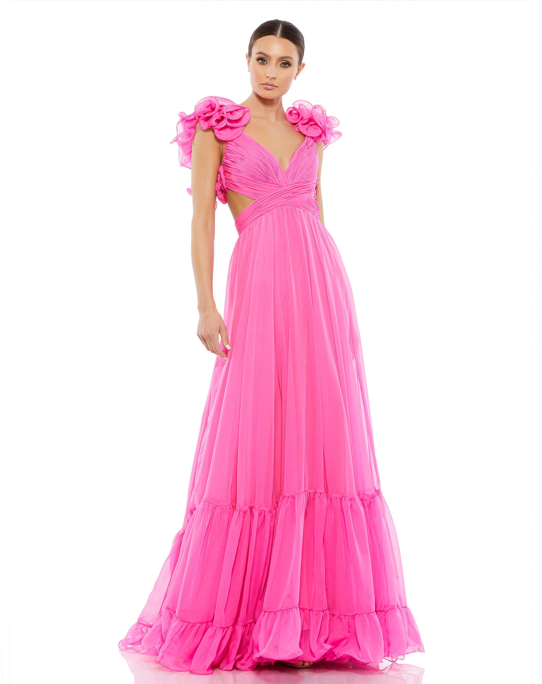 Ruffle Tiered Cut-Out Chiffon Gown