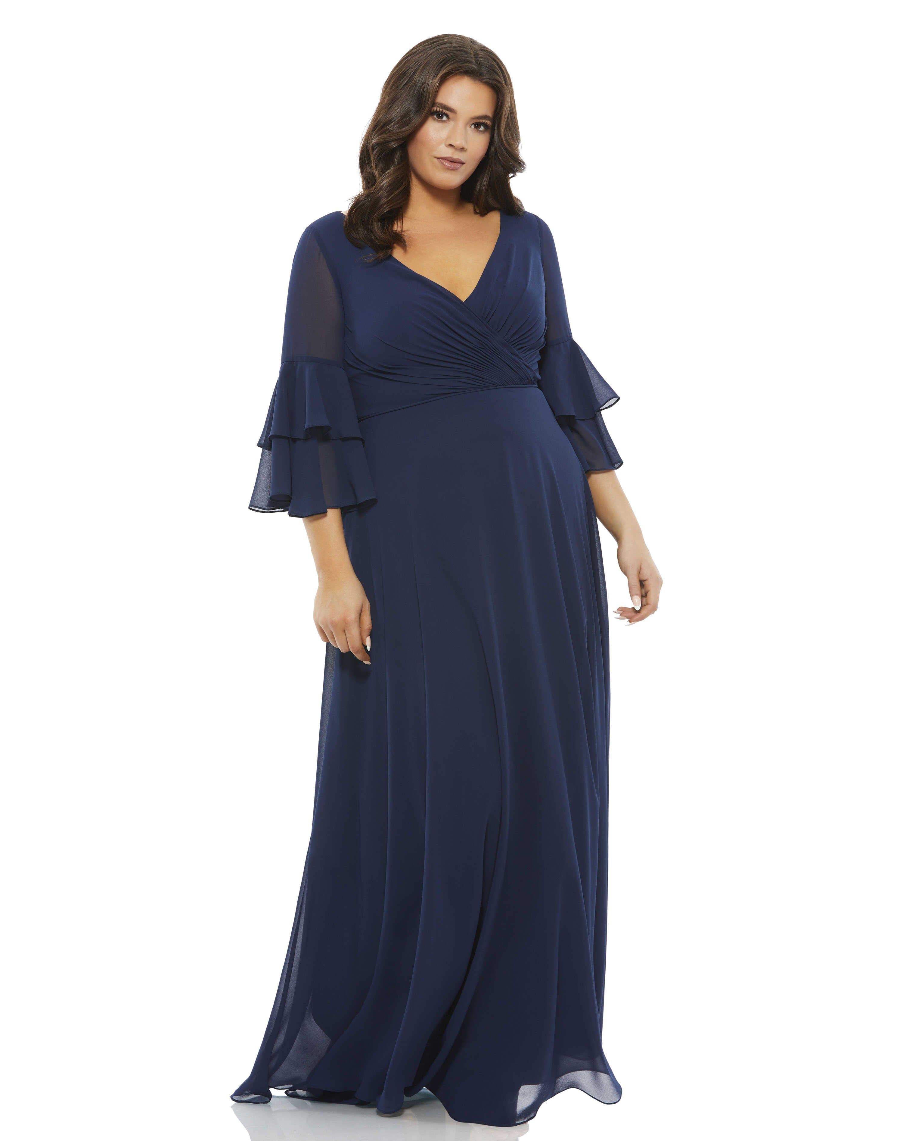 Pleated Bell Sleeve Chiffon Gown (Plus)