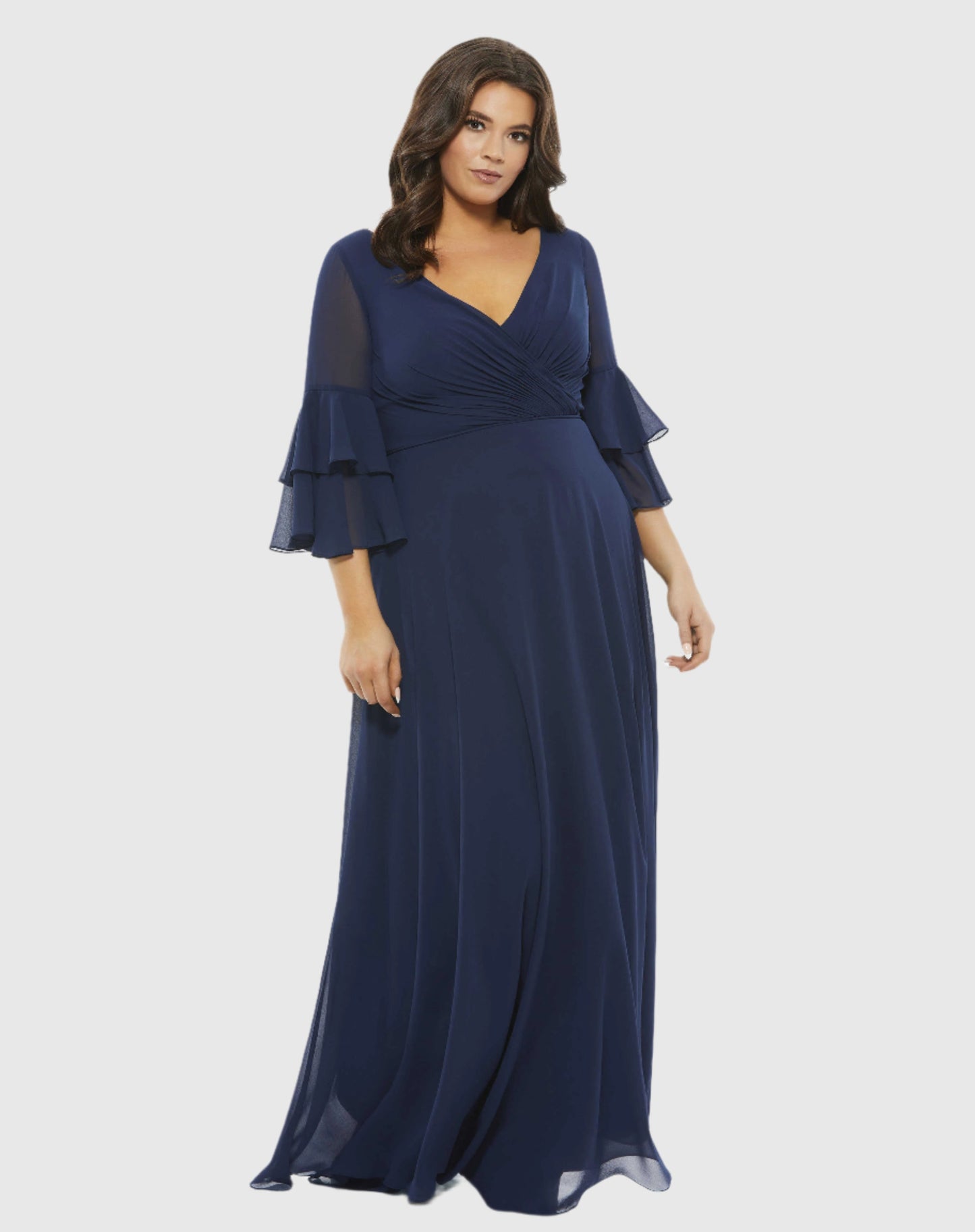 Pleated Bell Sleeve Chiffon Gown