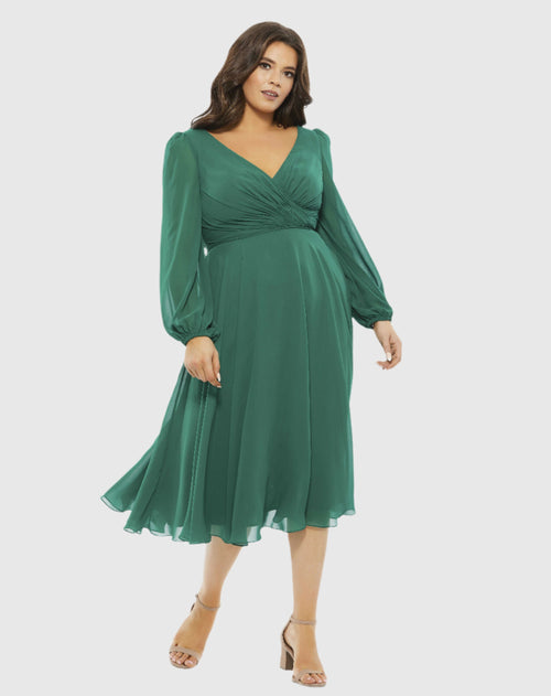 Chiffon Bishop Sleeve Surplice Dress