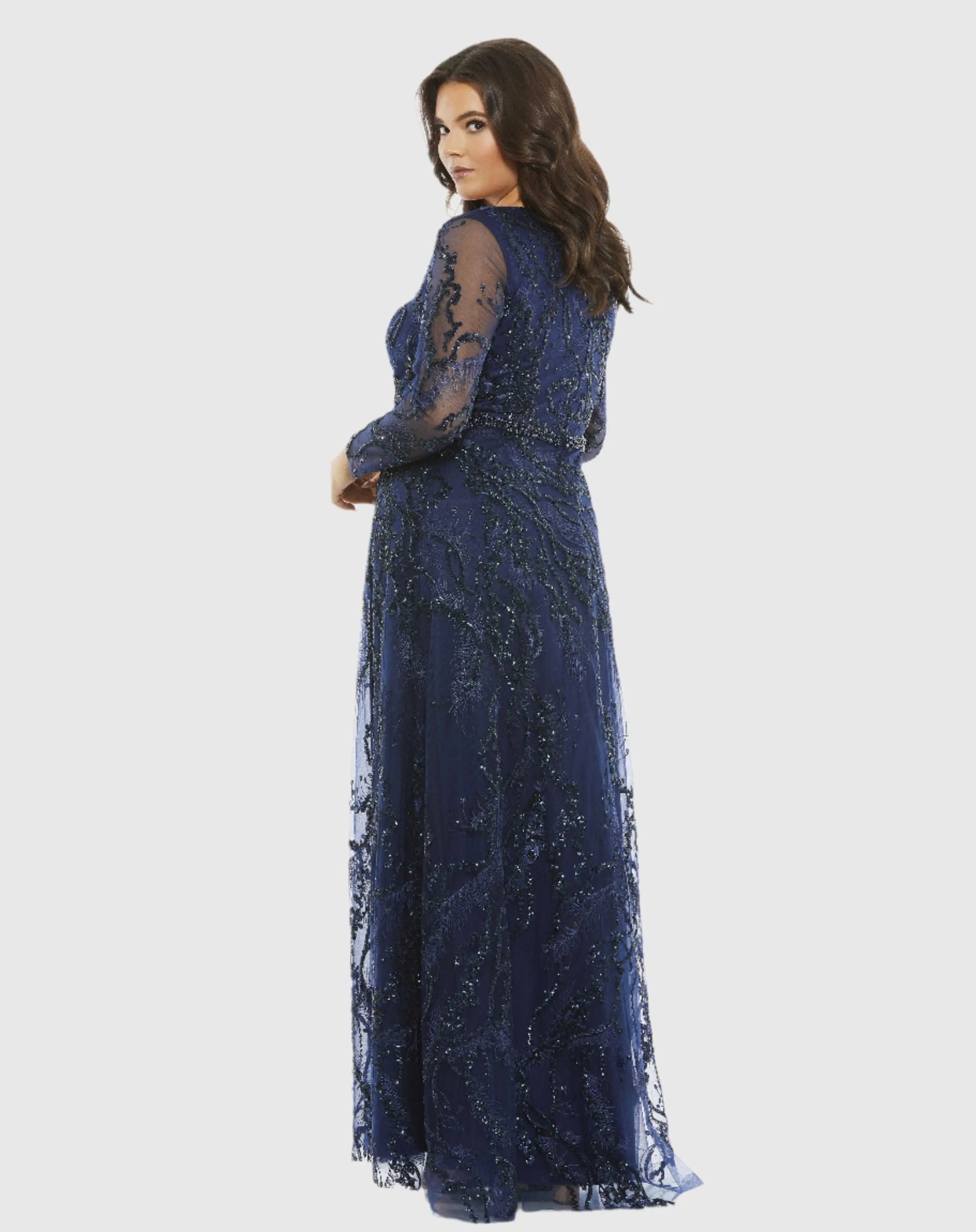 Mac Duggal Embellished Illusion Long Sleeve V-Neck A-Line Gown - Midnight Mac Duggal Embellished Illusion Long Sleeve V-Neck A-Line Gown - Midnight