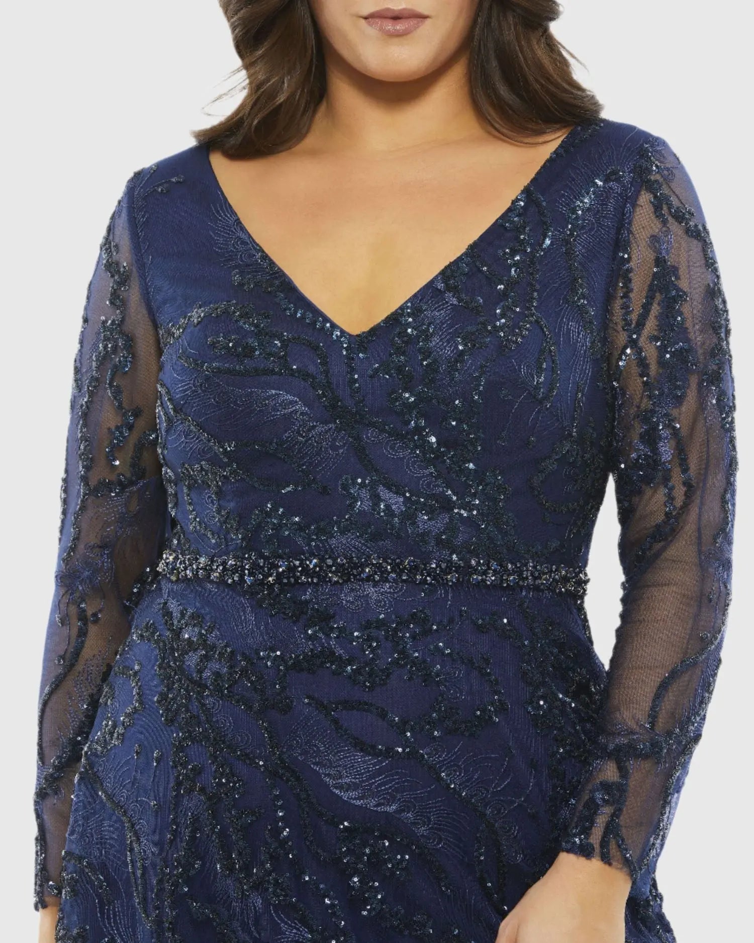 mac duggal embellished illusion long sleeve dress Mac Duggal Embellished Illusion Long Sleeve V-Neck A-Line Gown