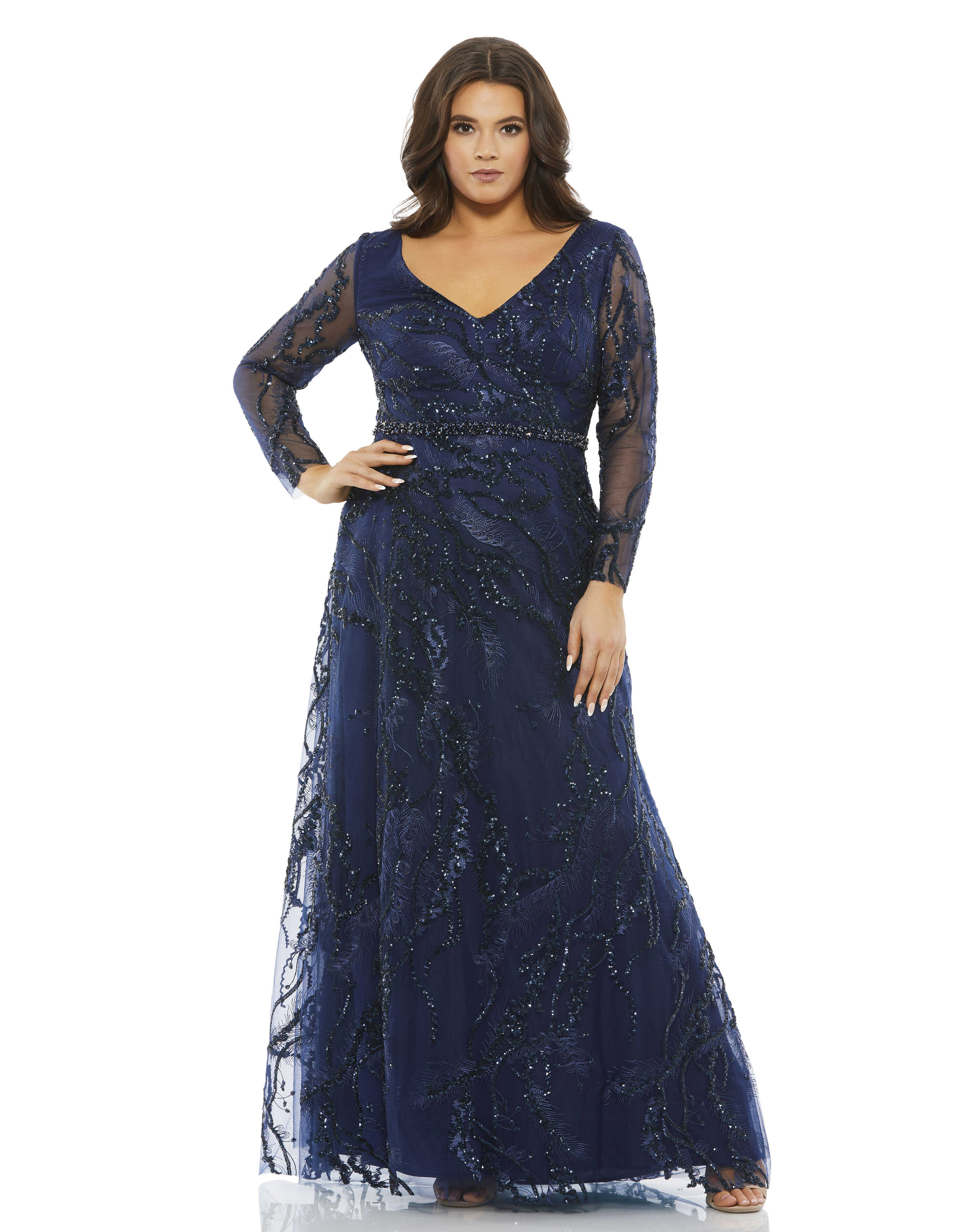 Embellished Illusion Long Sleeve V-Neck A-Line Gown (Plus)