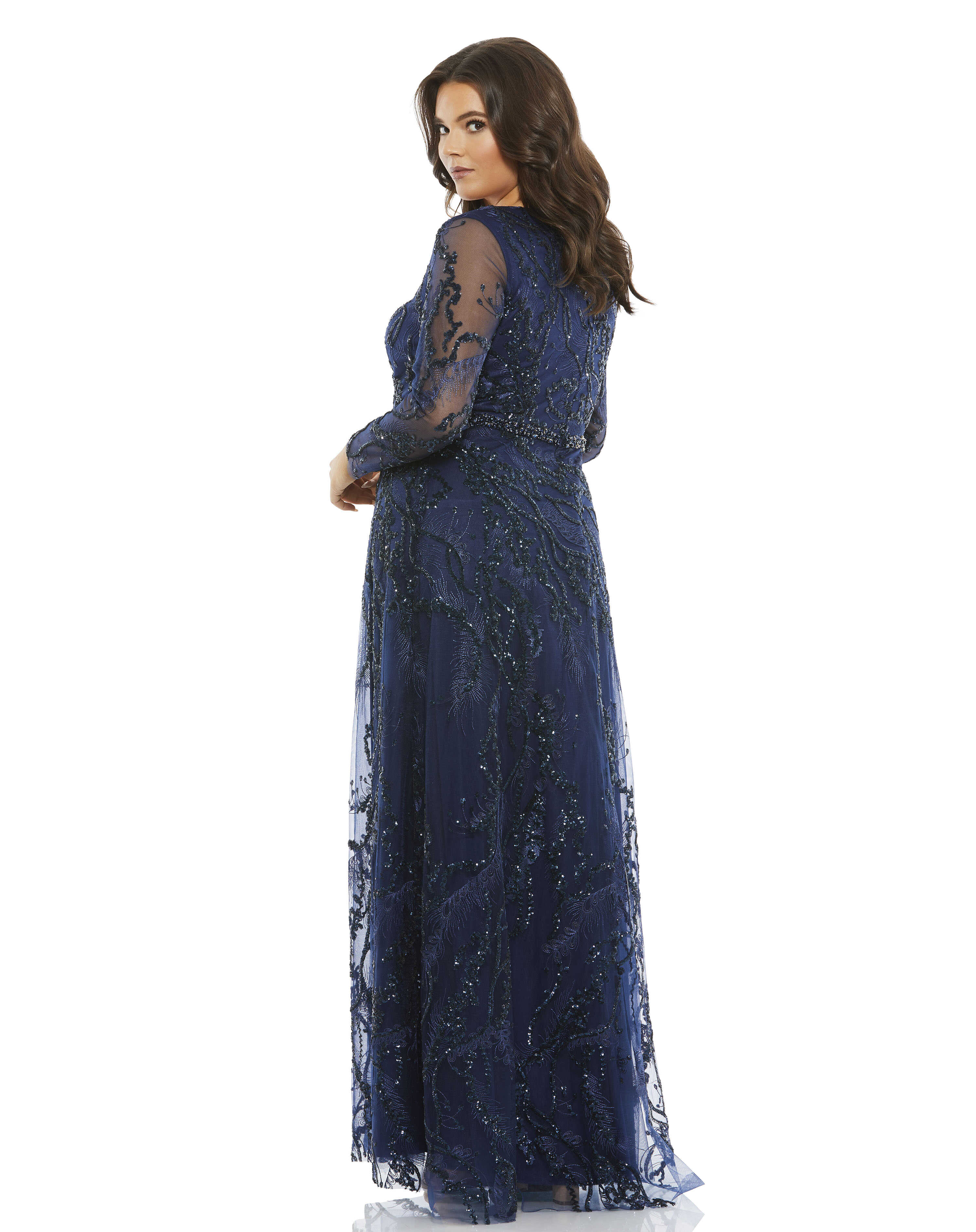 Embellished Illusion Long Sleeve V-Neck A-Line Gown (Plus)