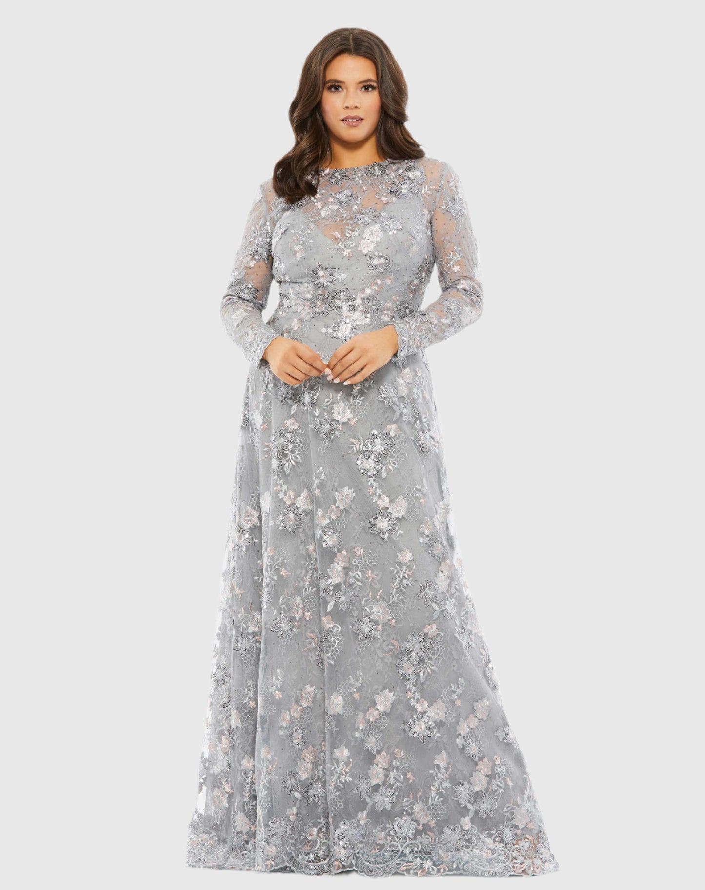 Embellished Illusion Long Sleeve A Line Gown