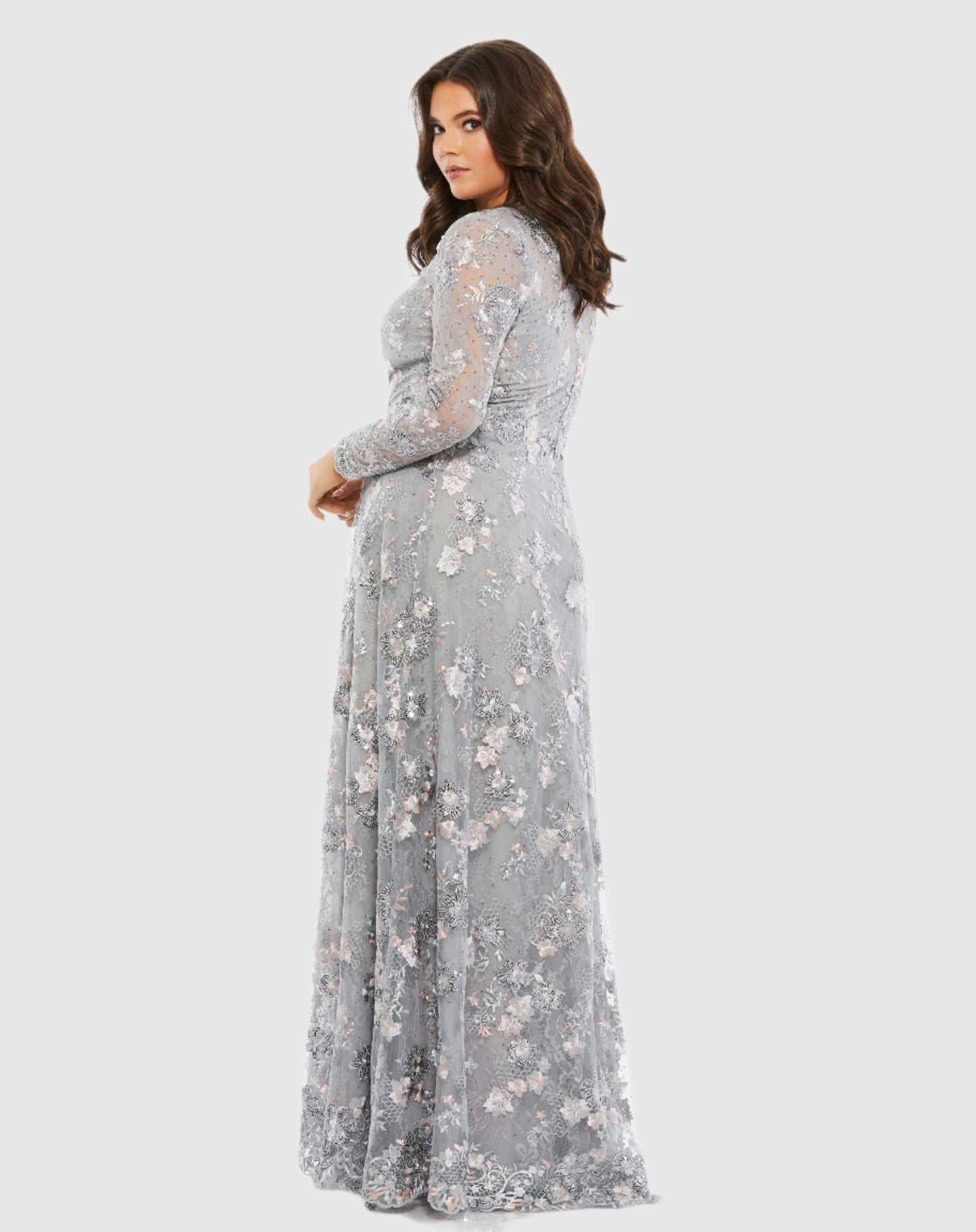 Embellished Illusion Long Sleeve A Line Gown (Plus)