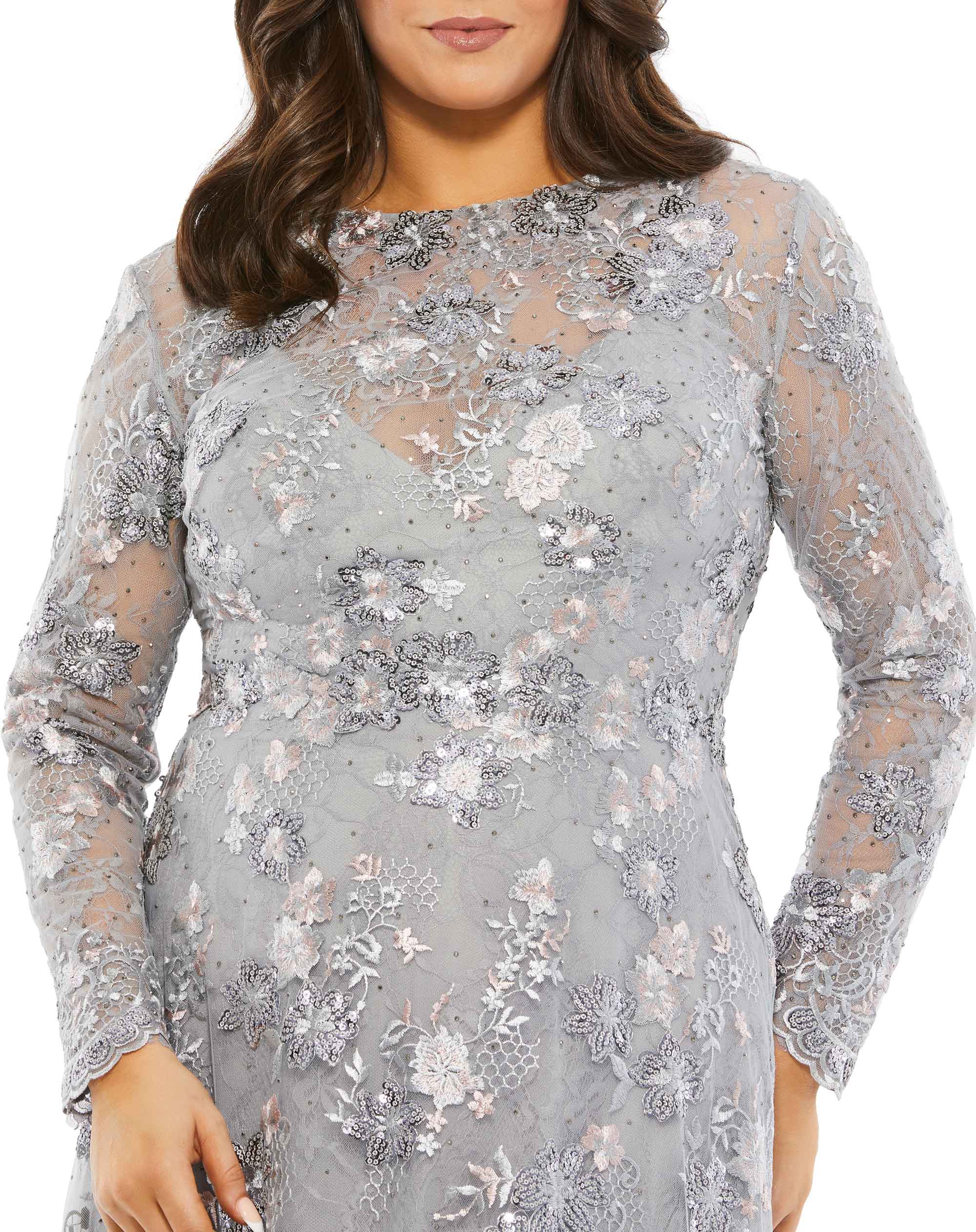 Embellished Illusion Long Sleeve A Line Gown (Plus)