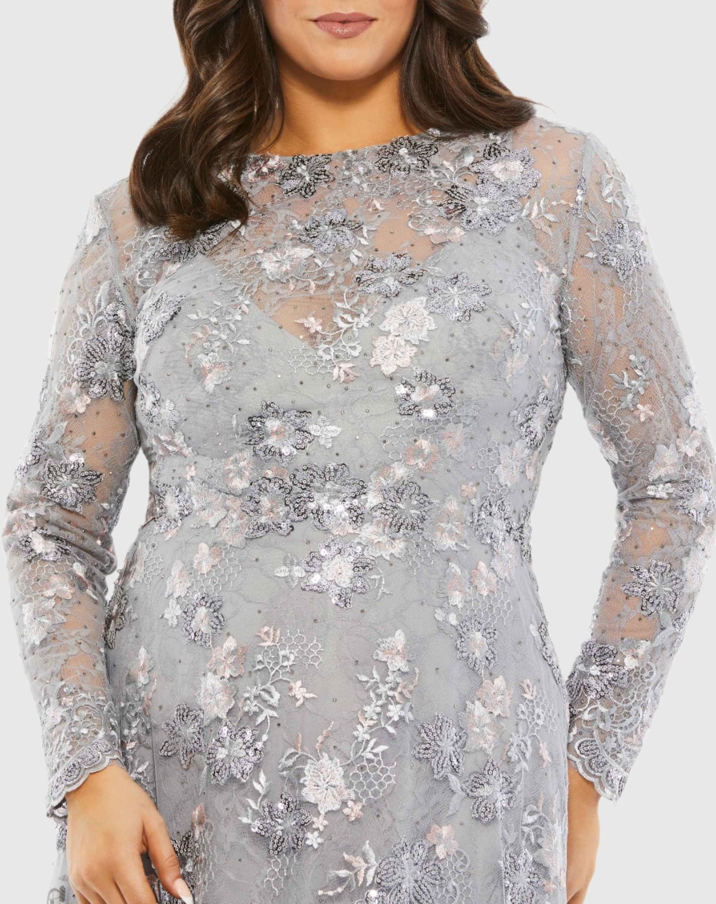 Embellished Illusion Long Sleeve A Line Gown (Plus)