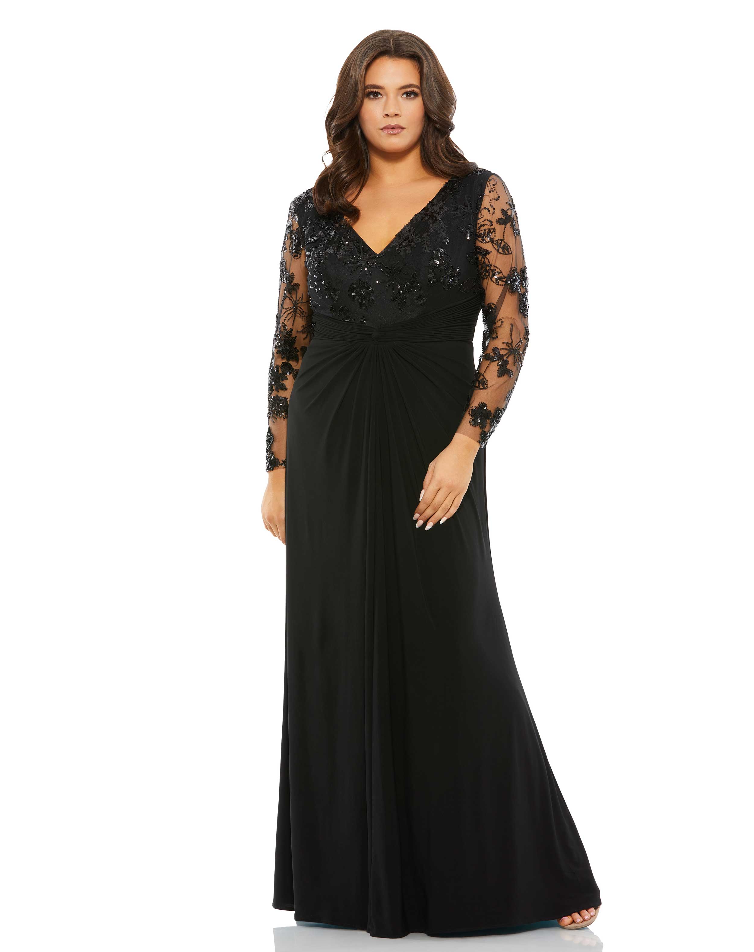 Front Twist Embellished Illusion Long Sleeve Gown (Plus)