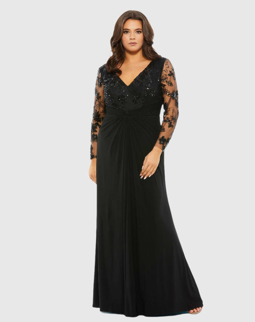 Front Twist Embellished Illusion Long Sleeve Gown