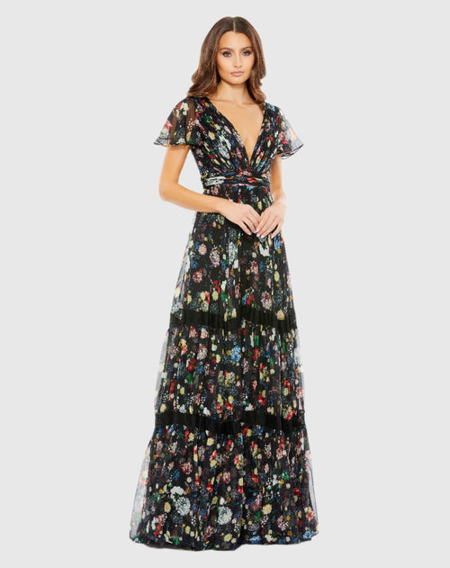 Floral Print Pleated Wrap Over Butterfly Sleeve Maxi Dress