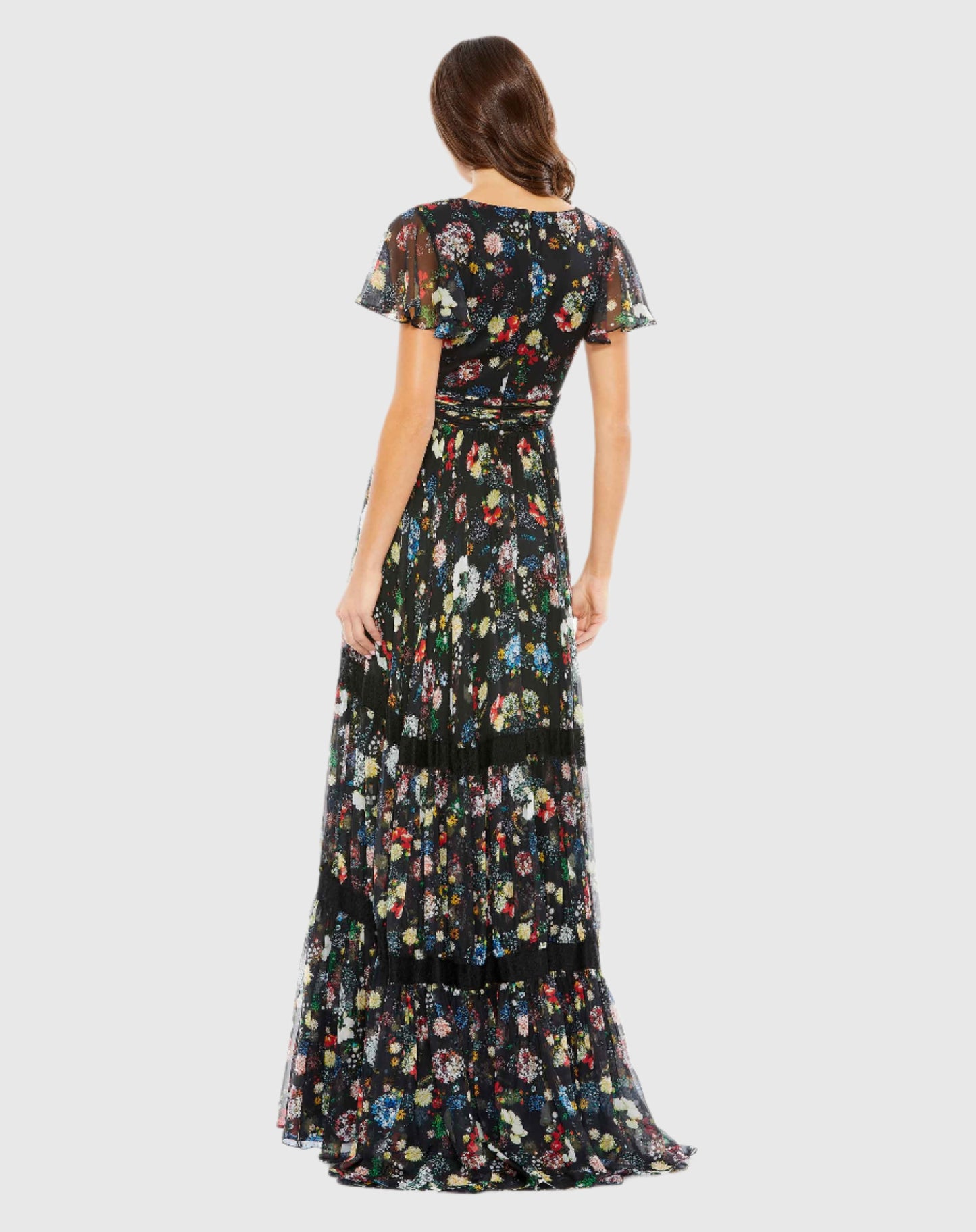 Vestido longo com estampa floral, plissado, manga borboleta