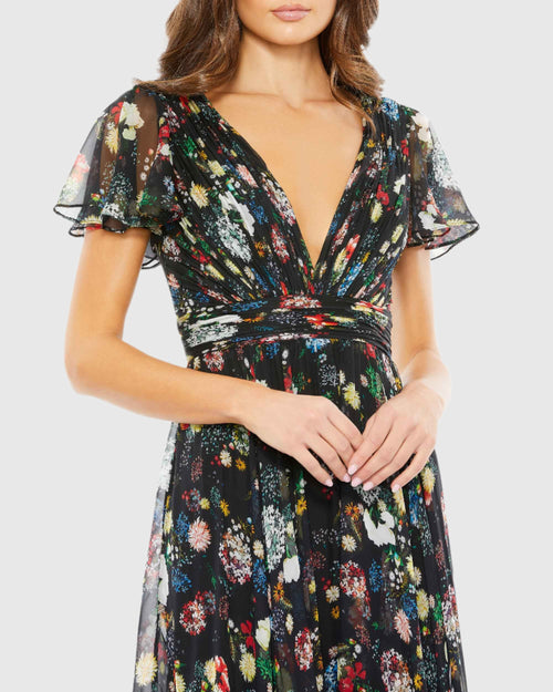 Floral Print Pleated Wrap Over Butterfly Sleeve Maxi Dress