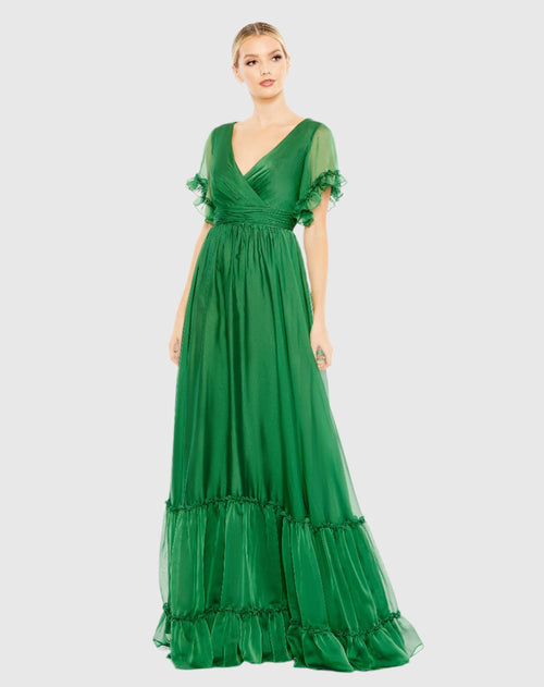 Ruffled Butterfly Sleeve Evening Gown