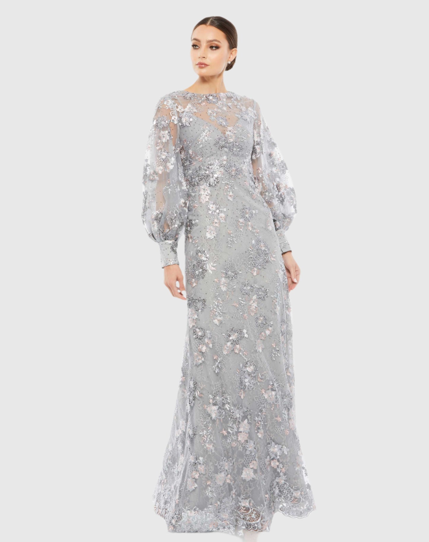 Embellished Illusion High Neck Bishop Sleeve Gown