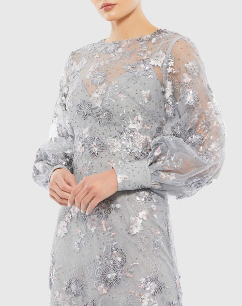 Embellished Illusion High Neck Bishop Sleeve Gown