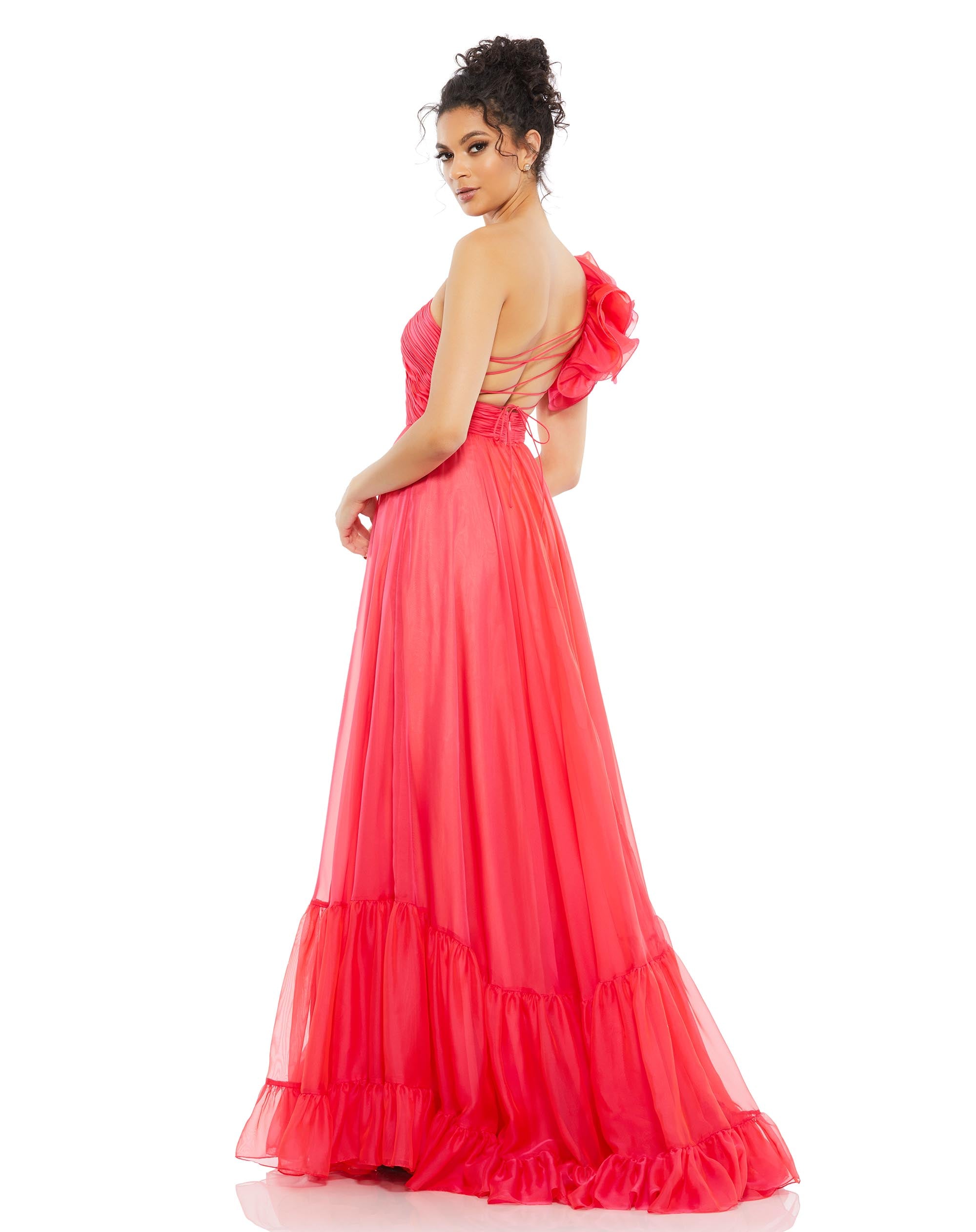 Ruffled One Shoulder Tiered Gown
