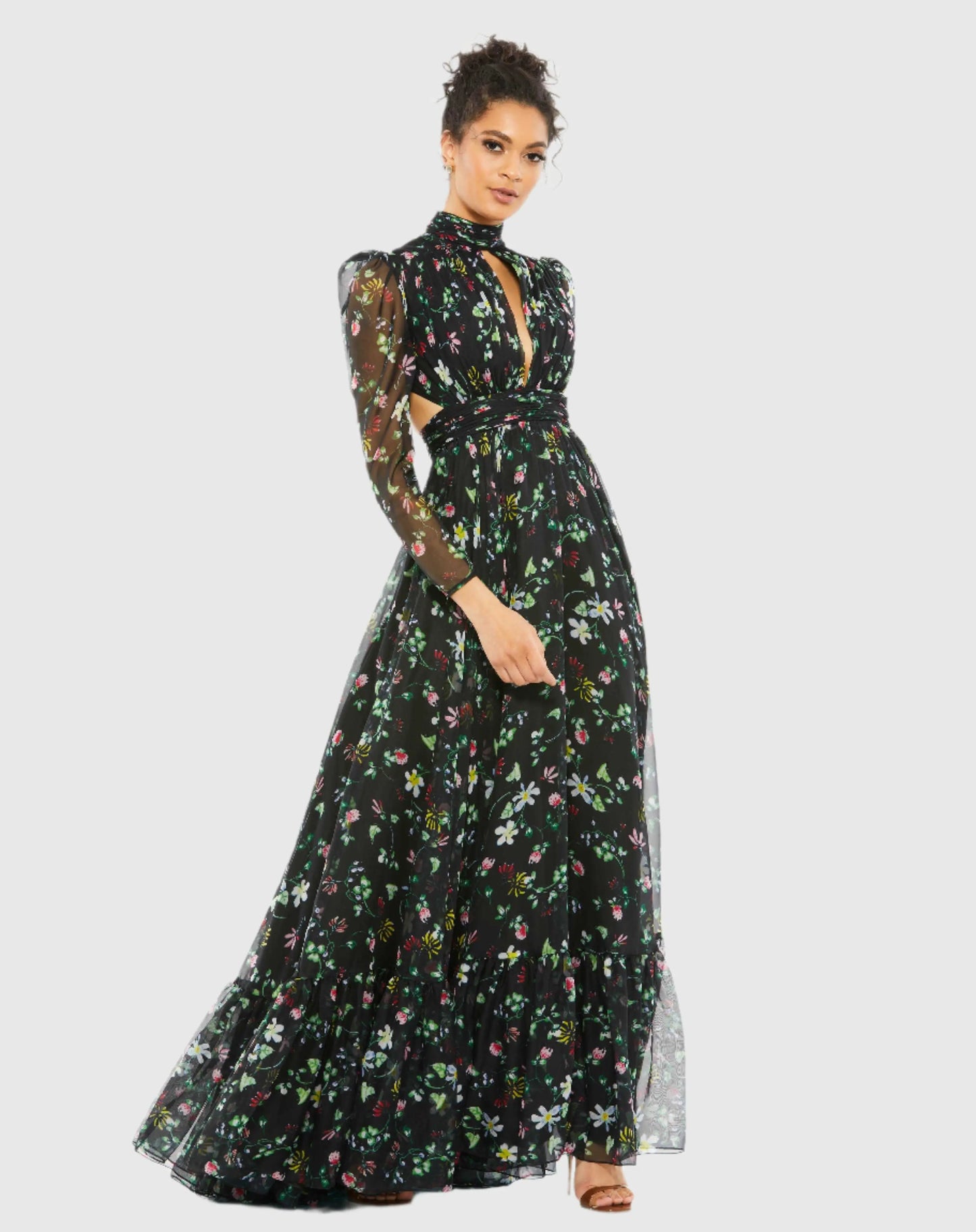 Black Floral High Neck Puff Sleeve Gown - Mac Duggal
