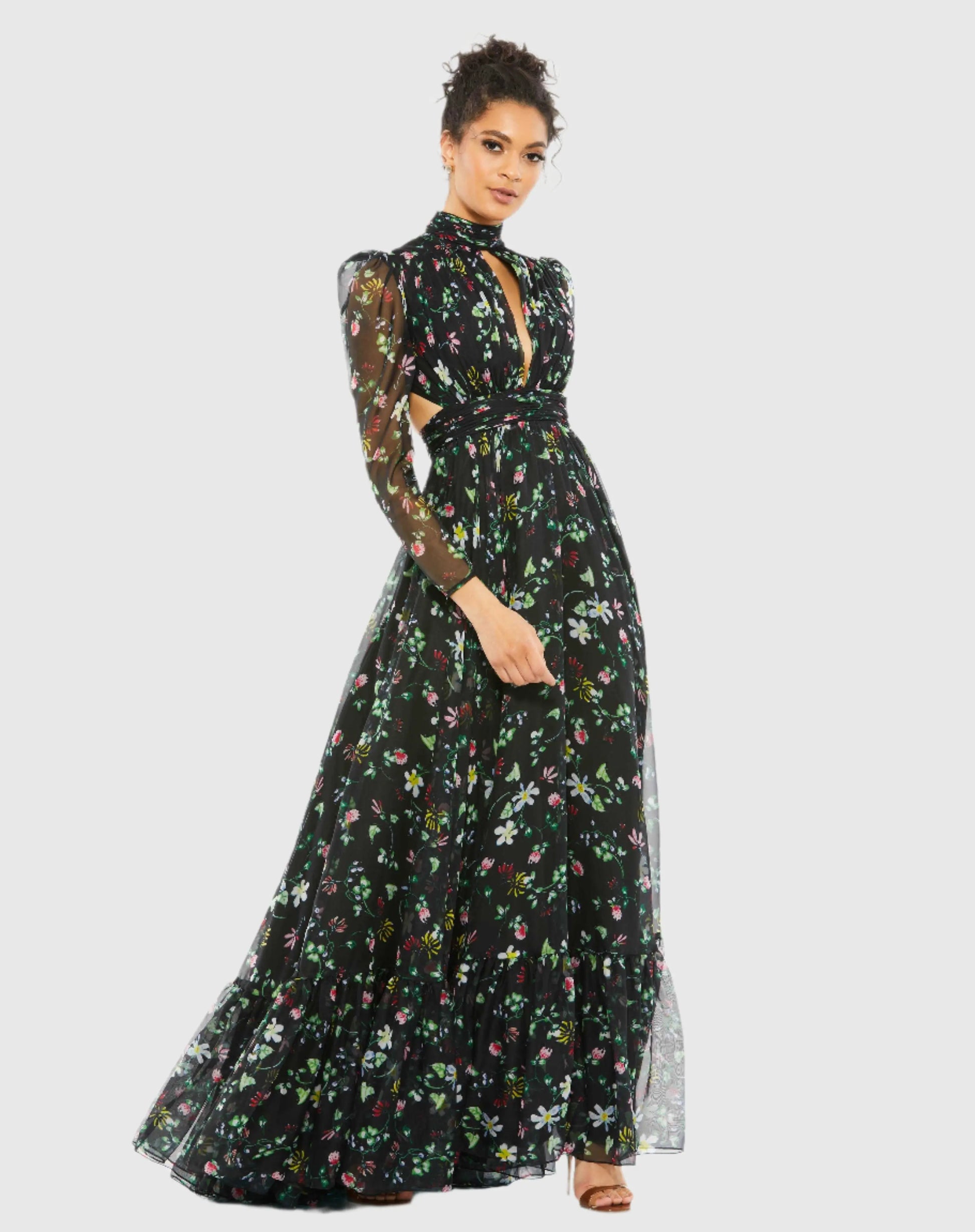 Black Floral High Neck Puff Sleeve Gown - Mac Duggal