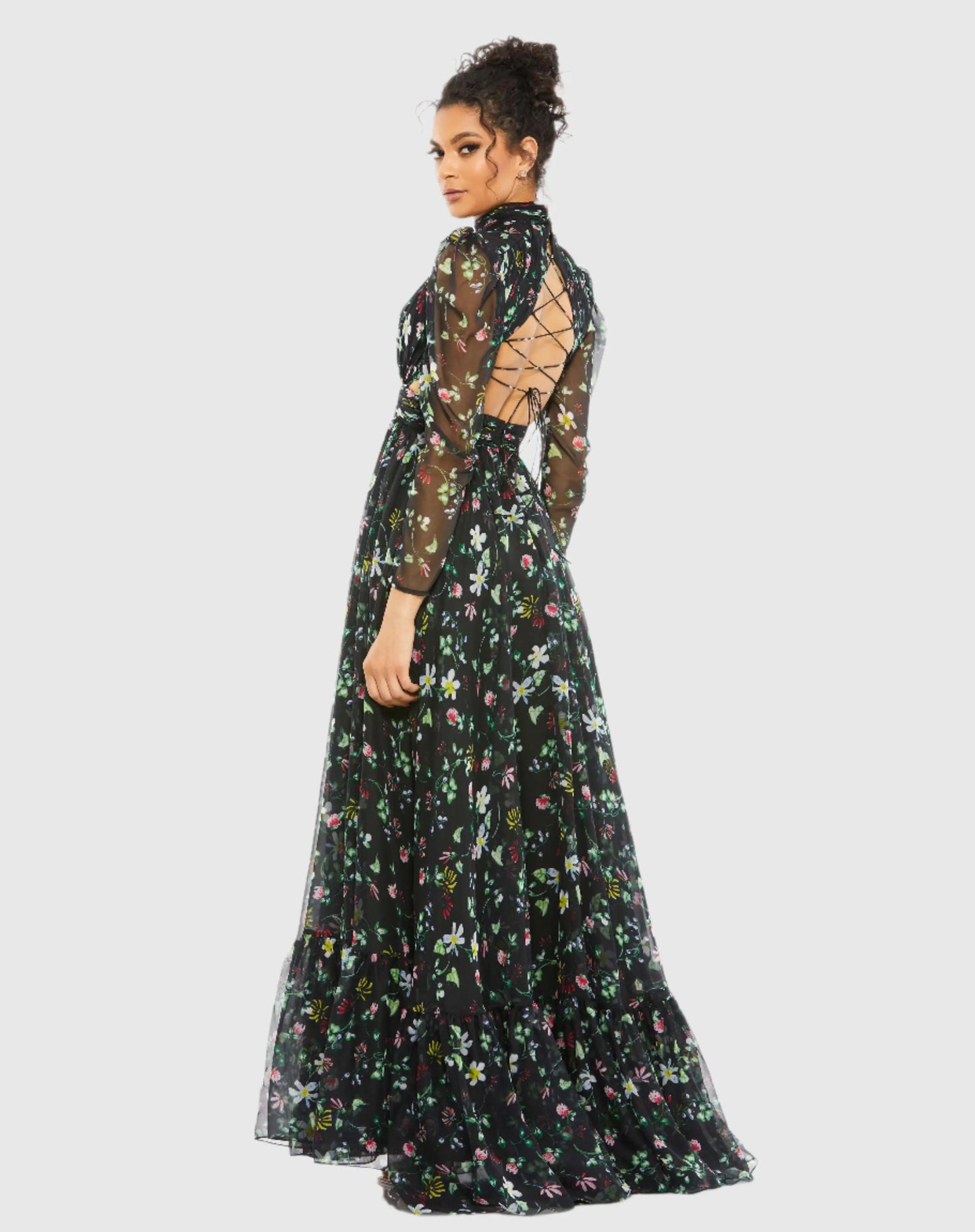 Black Floral High Neck Puff Sleeve Gown - Mac Duggal