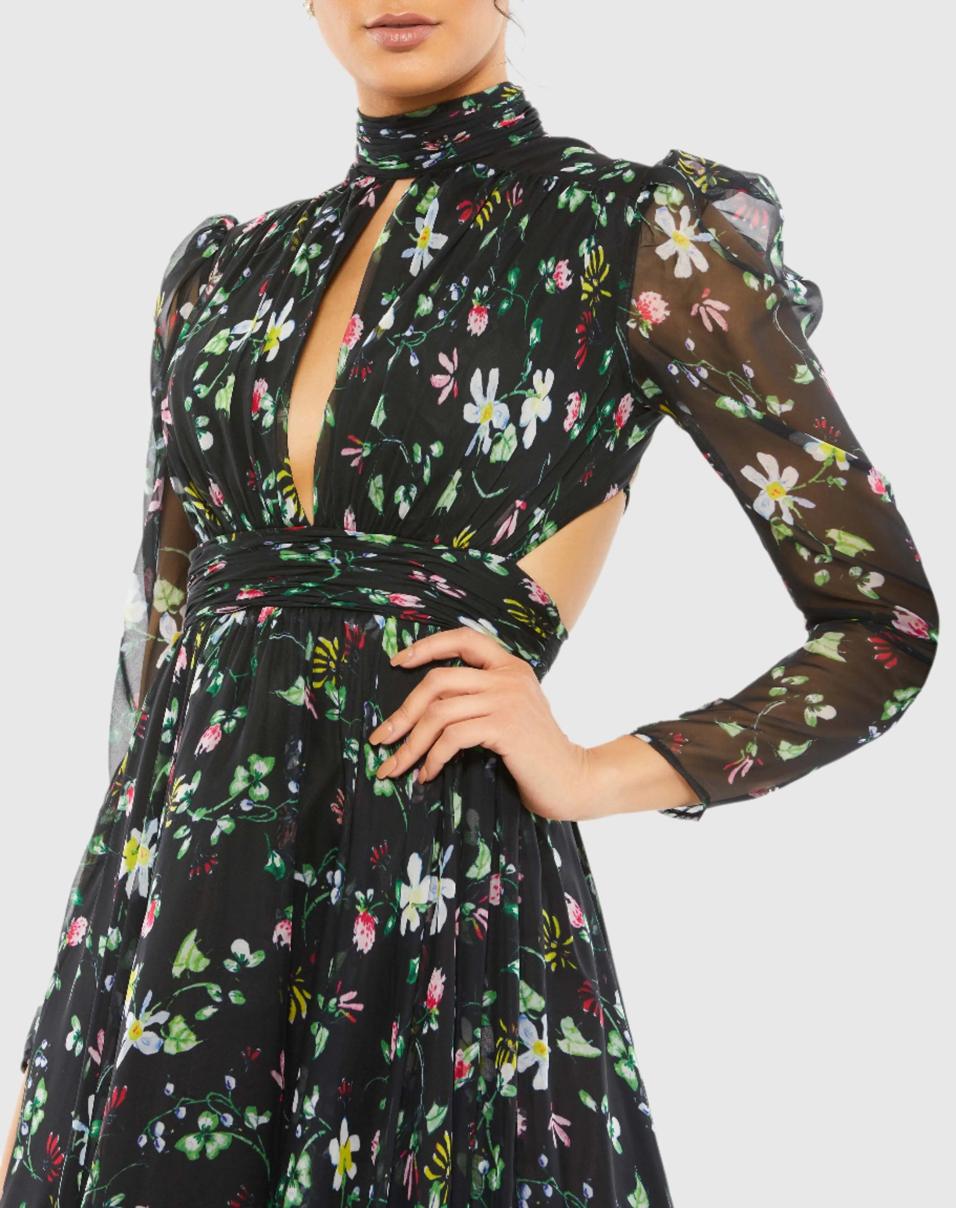 Black Floral High Neck Puff Sleeve Gown - Mac Duggal