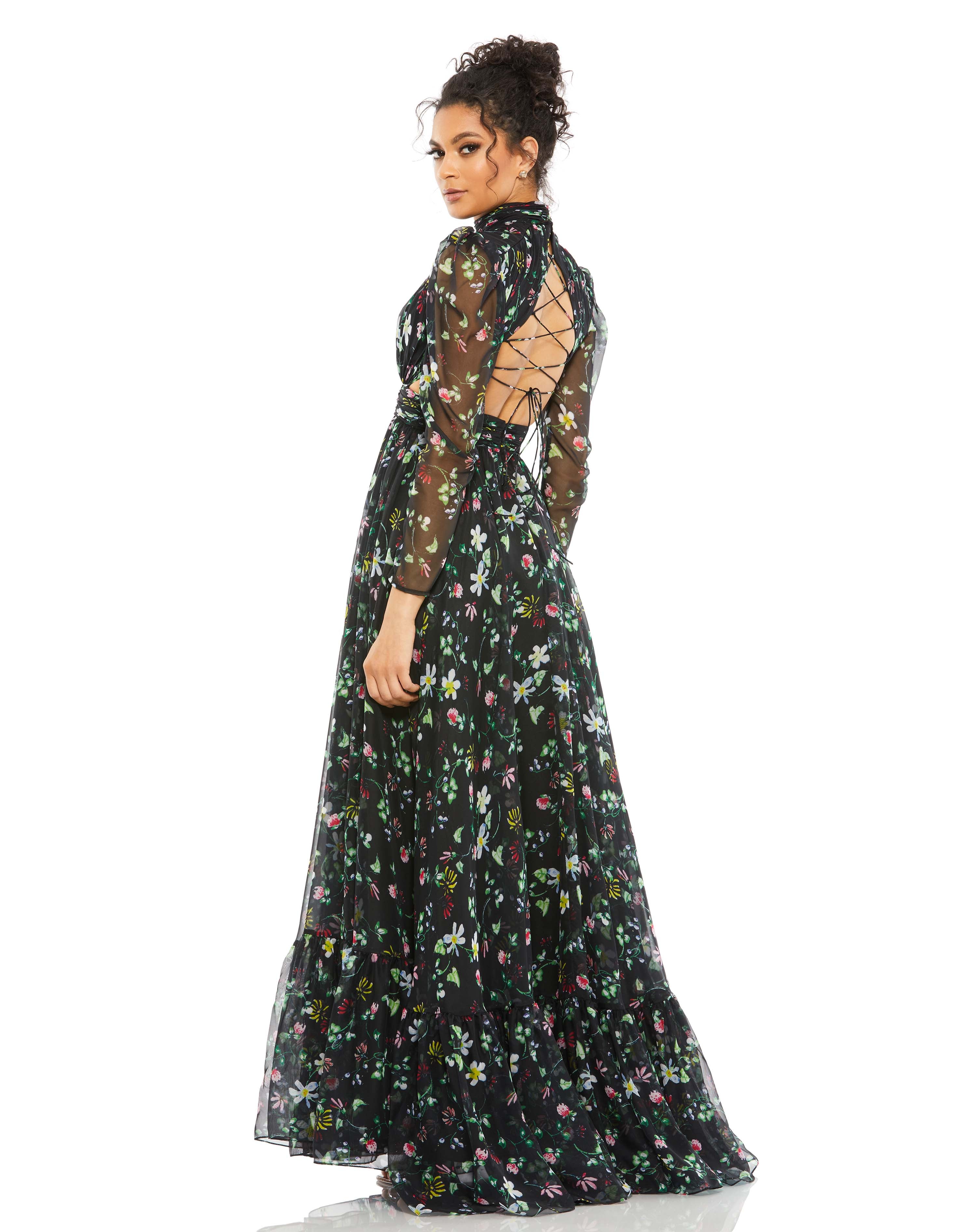 Floral High Neck Puff Sleeve Gown