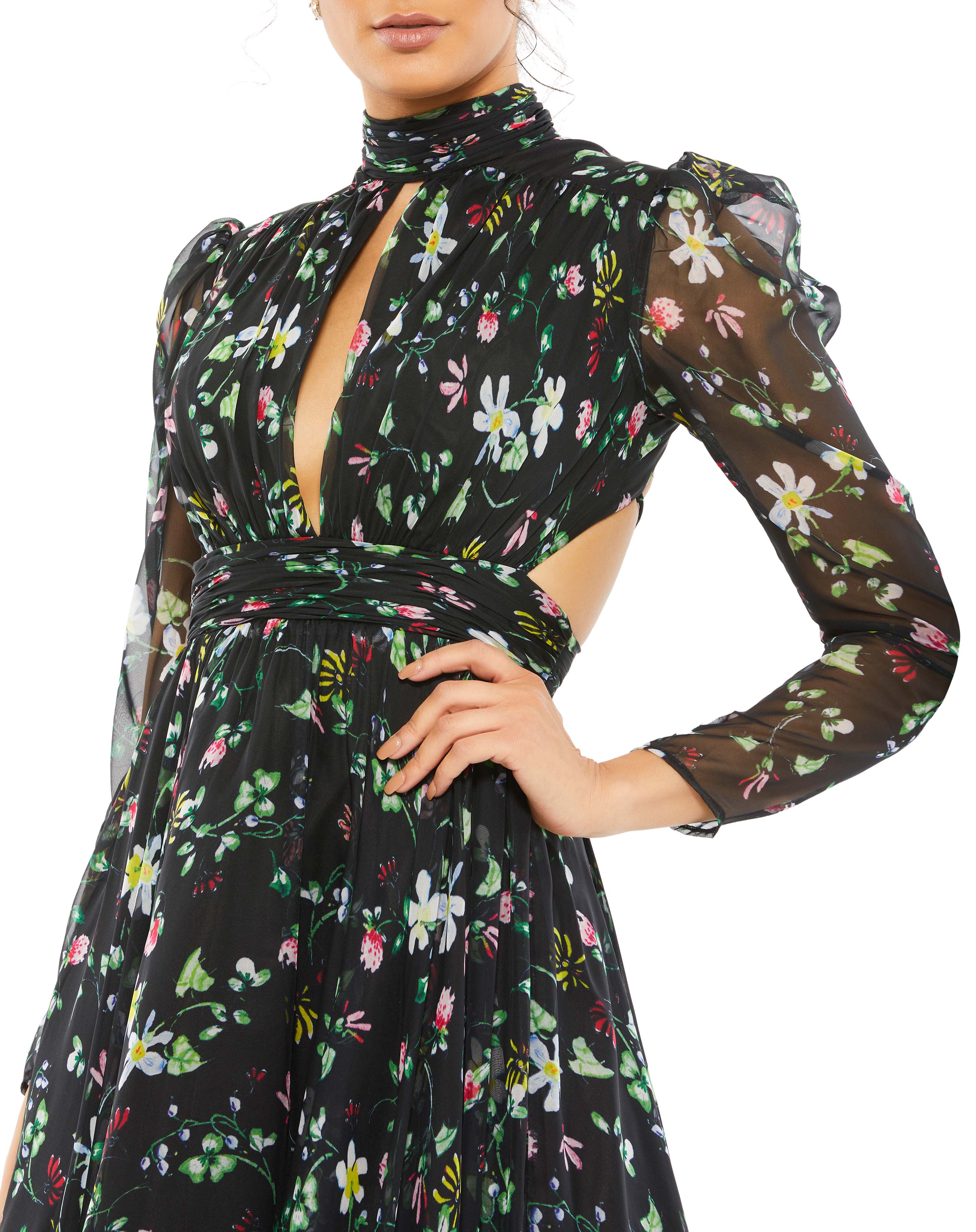 Floral High Neck Puff Sleeve Gown