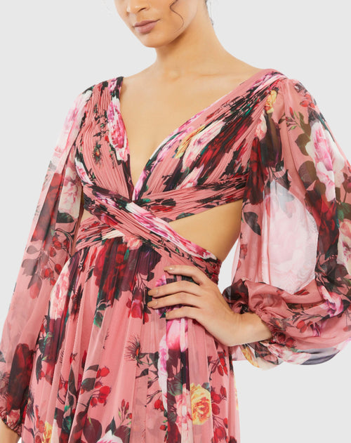 Floral Cutout Open Back Blouson Sleeve Dress