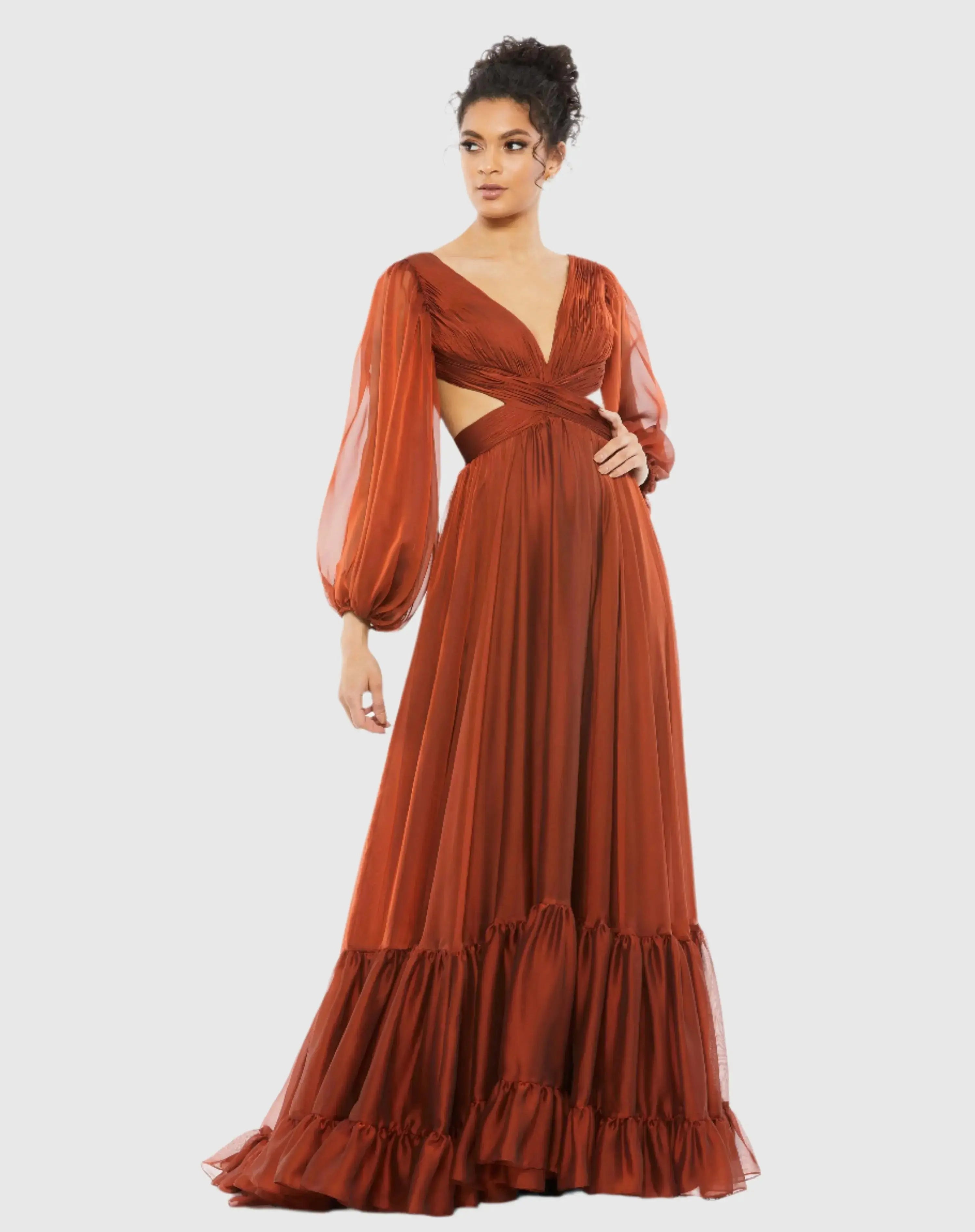 Orange Pleated Cut Out Long Sleeve Lace Up Tiered Gown - Mac Duggal