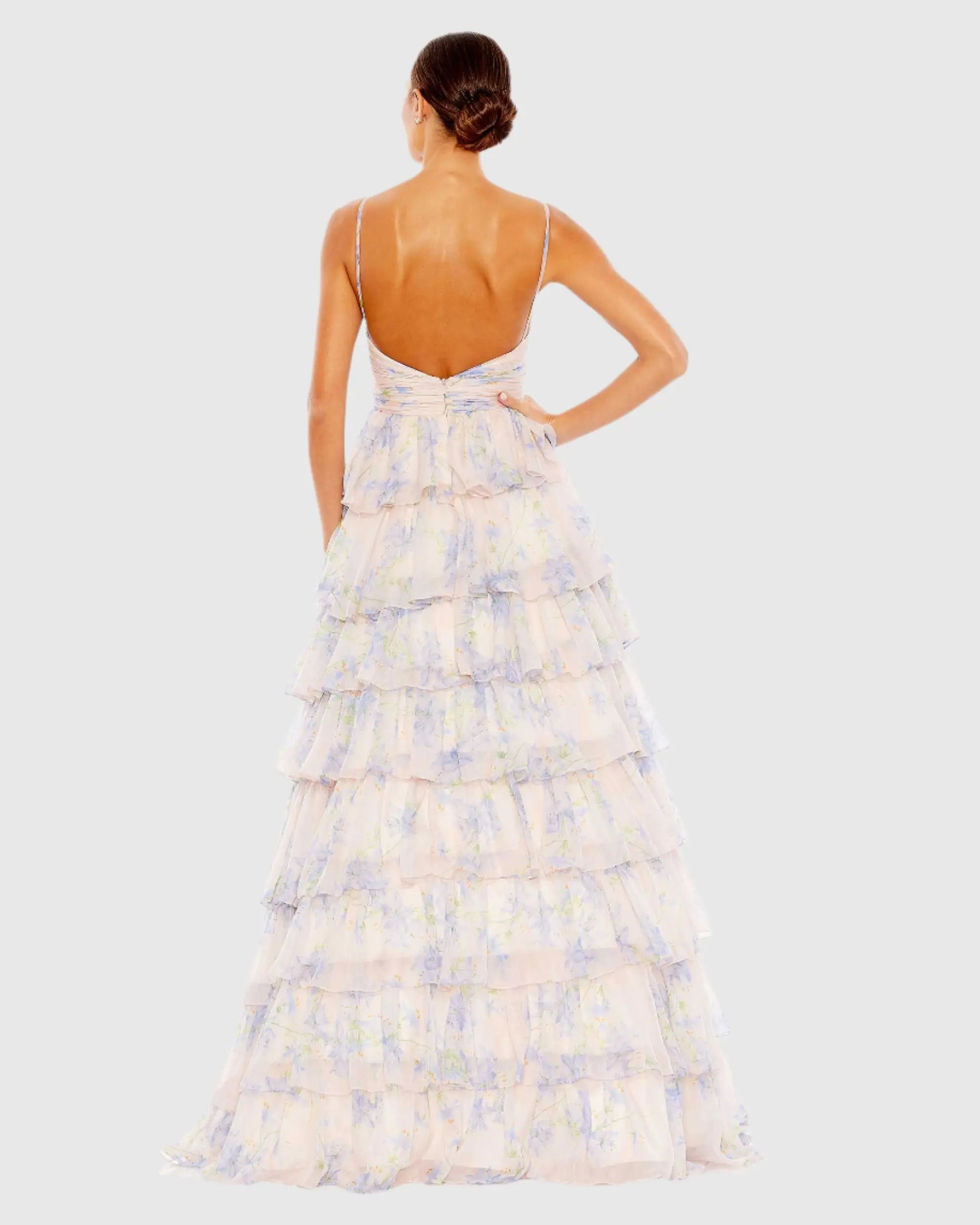 Purple Floral Cut Out Ruffle Layered Gown - Mac Duggal