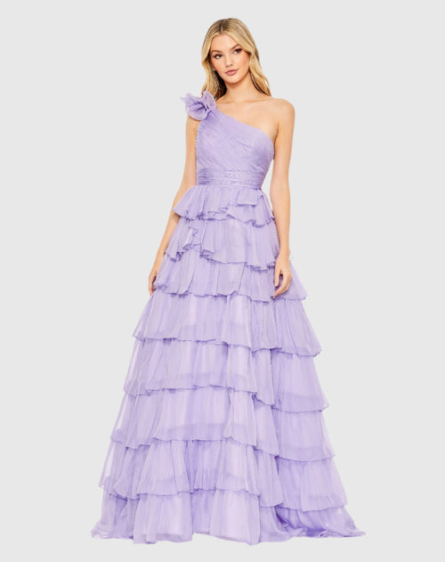 Purple One Shoulder Ruffle Tiered Ballgown