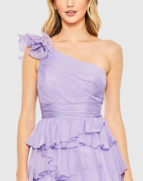 Purple One Shoulder Ruffle Tiered Ballgown