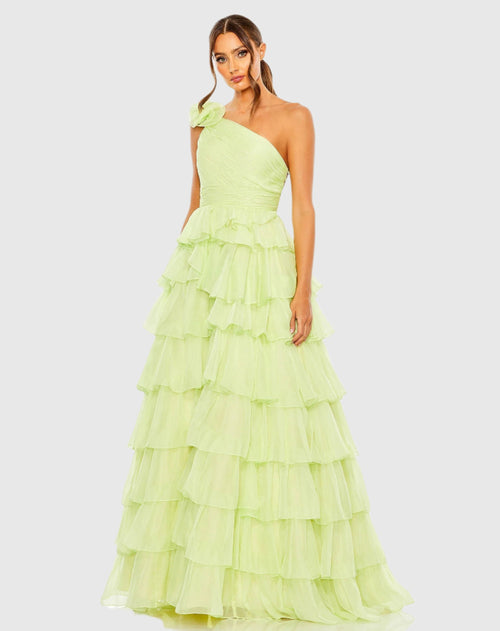 One Shoulder Ruffle Tiered Ballgown