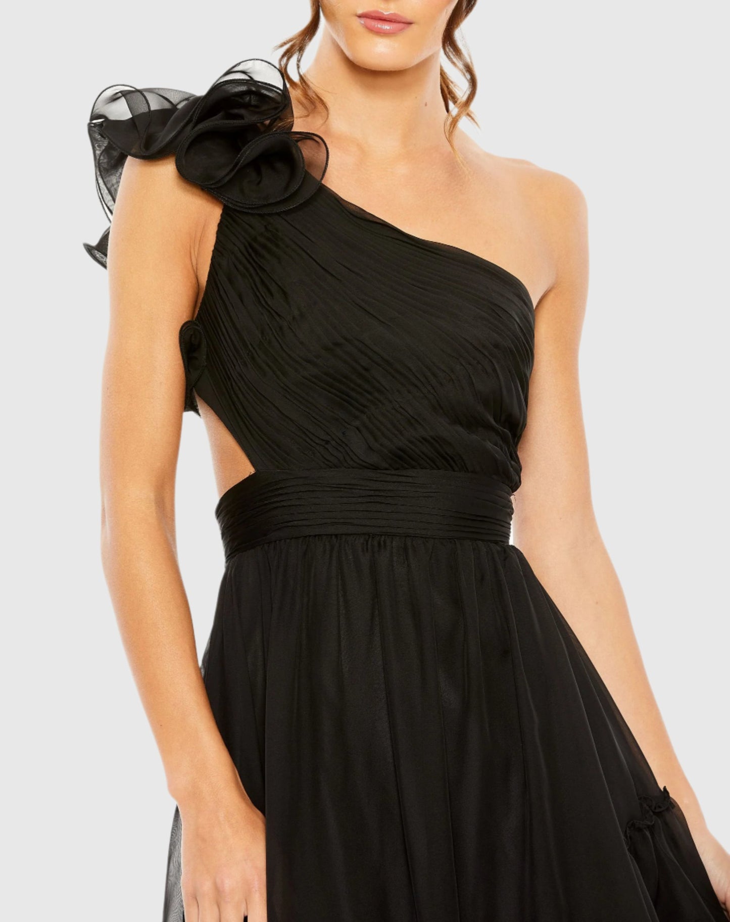 Ruffled One Shoulder Asymmetrical Gown