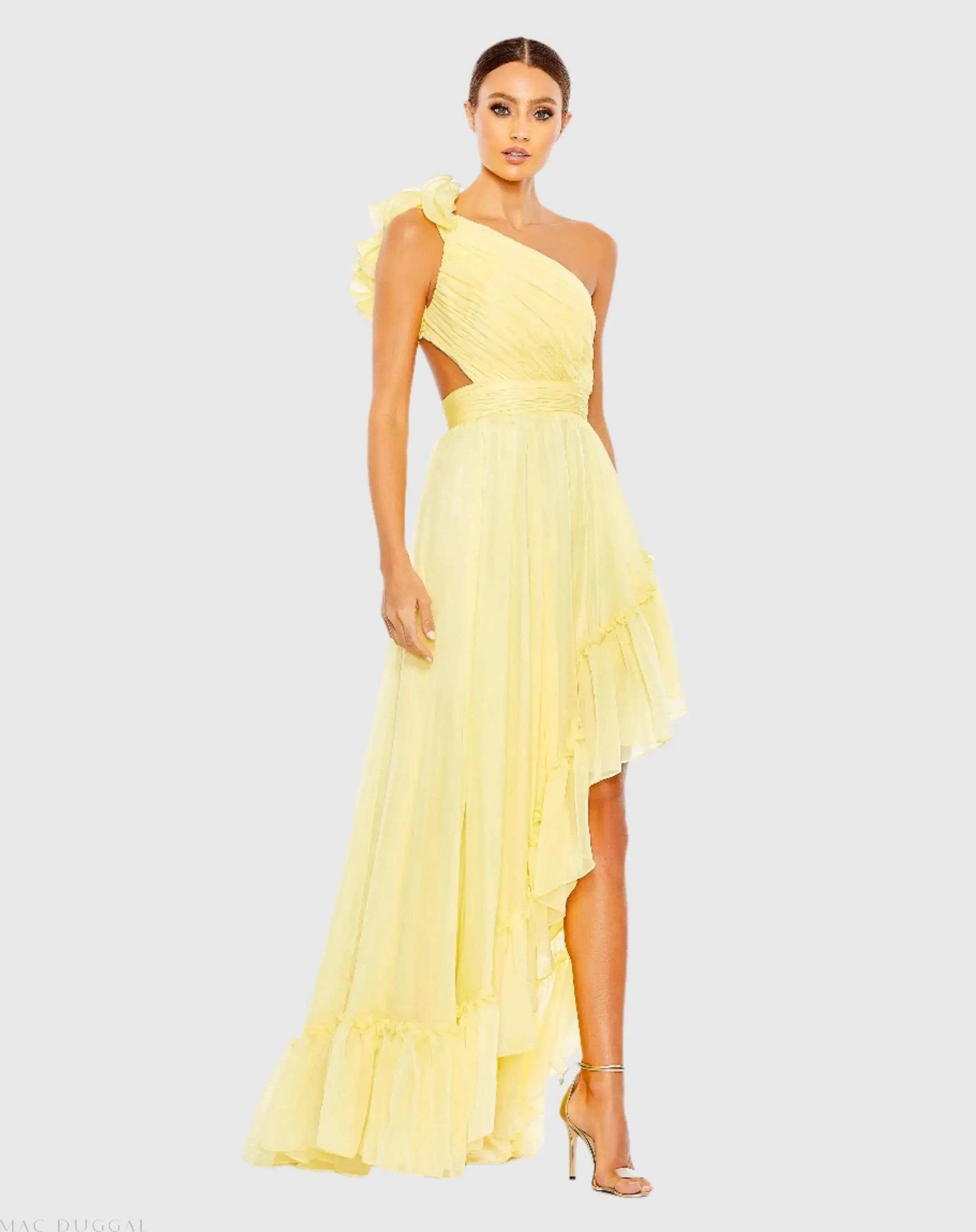 Yellow Ruffled One Shoulder Asymmetrical Gown - Mac Duggal