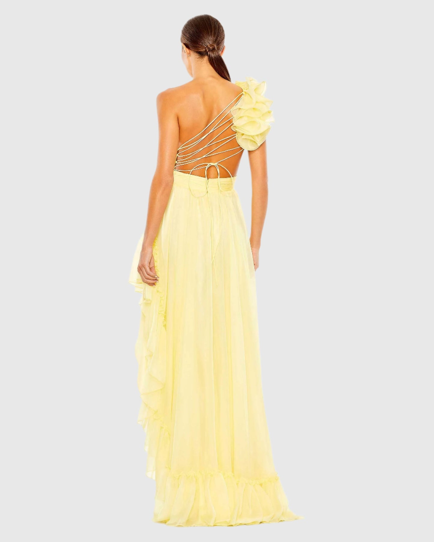 Ruffled One Shoulder Asymmetrical Gown