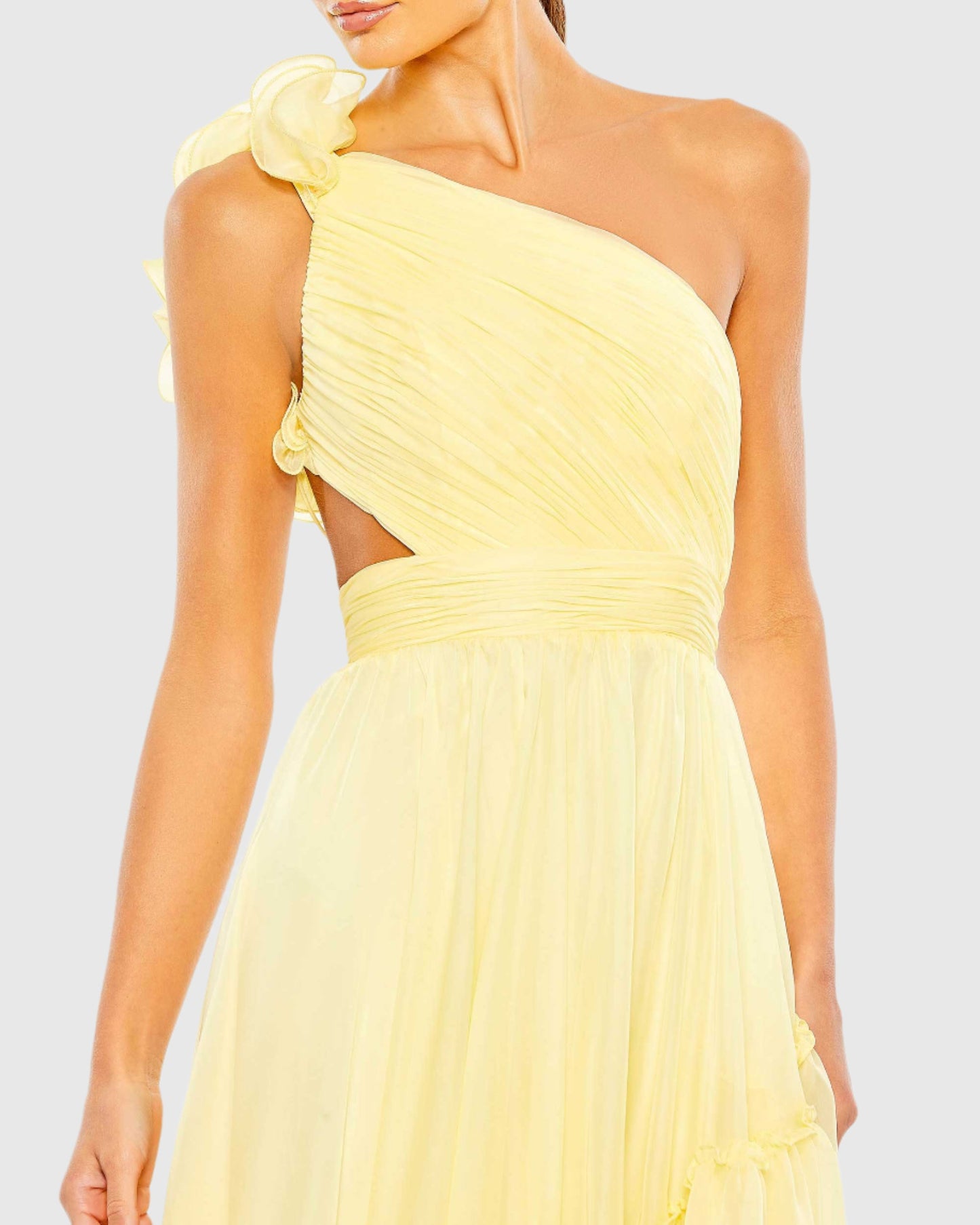 Ruffled One Shoulder Asymmetrical Gown