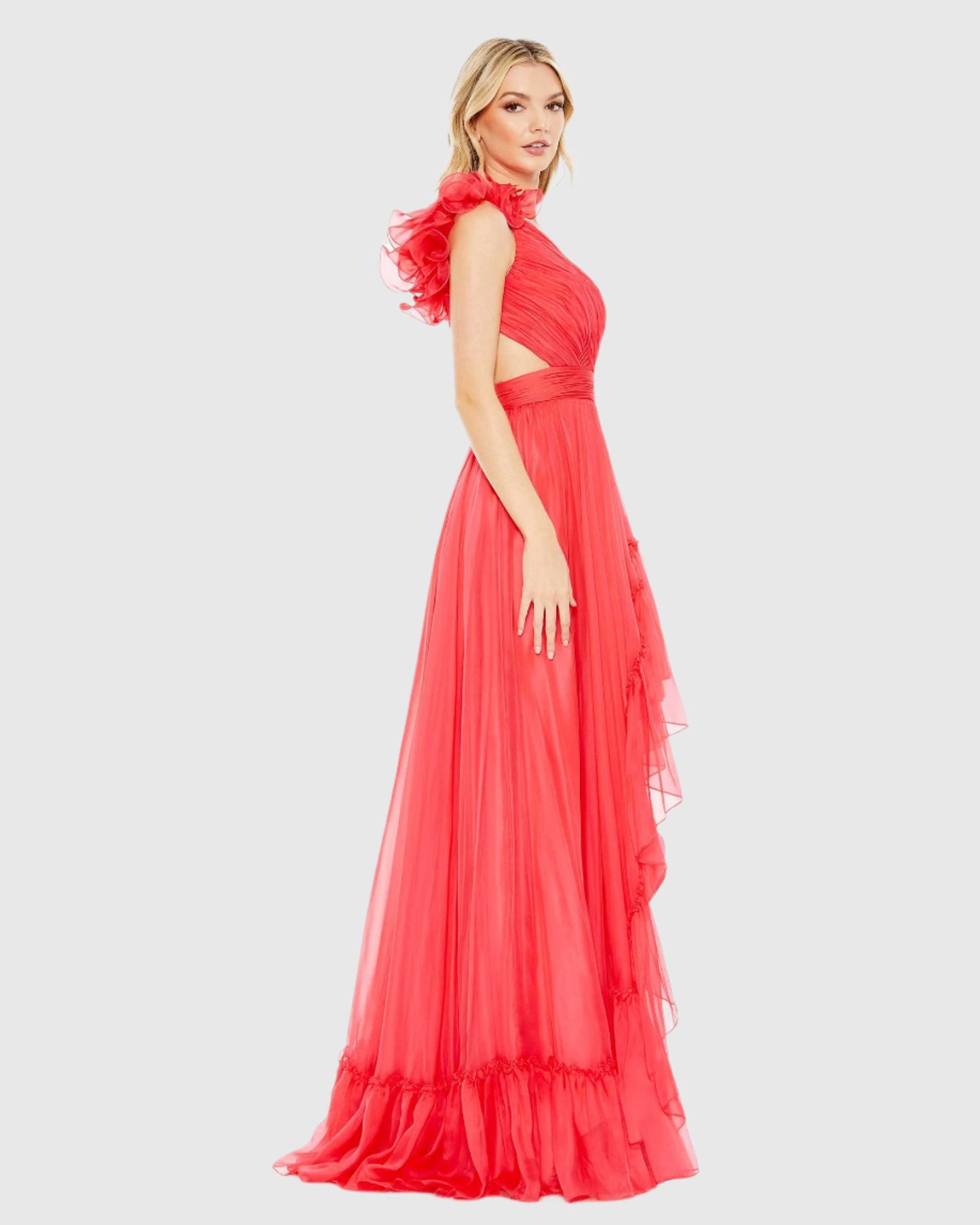 Ruffled One Shoulder Asymmetrical Gown