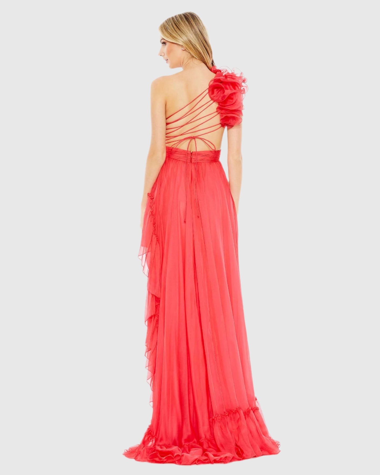 Ruffled One Shoulder Asymmetrical Gown