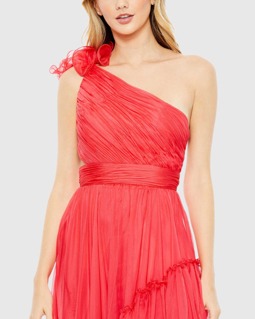 Ruffled One Shoulder Asymmetrical Gown