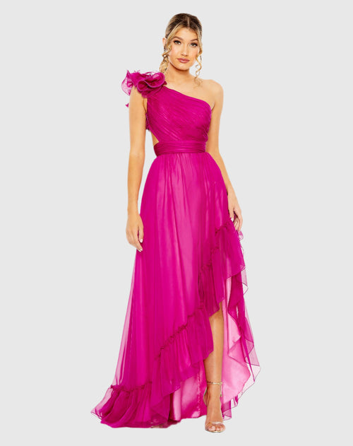 Ruffled One Shoulder Asymmetrical Gown