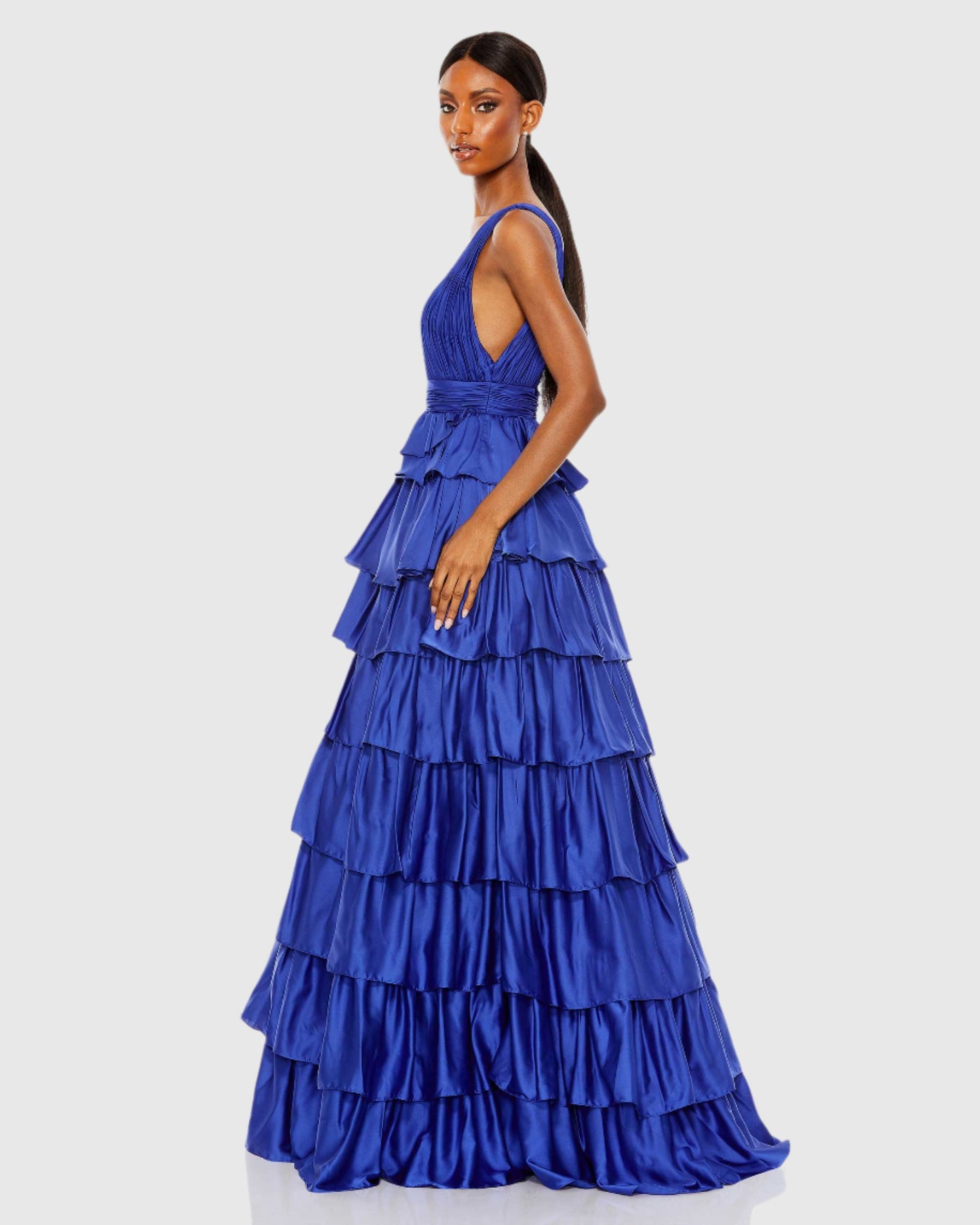 Ruffle Tiered Pleated Sleeveless V Neck Gown