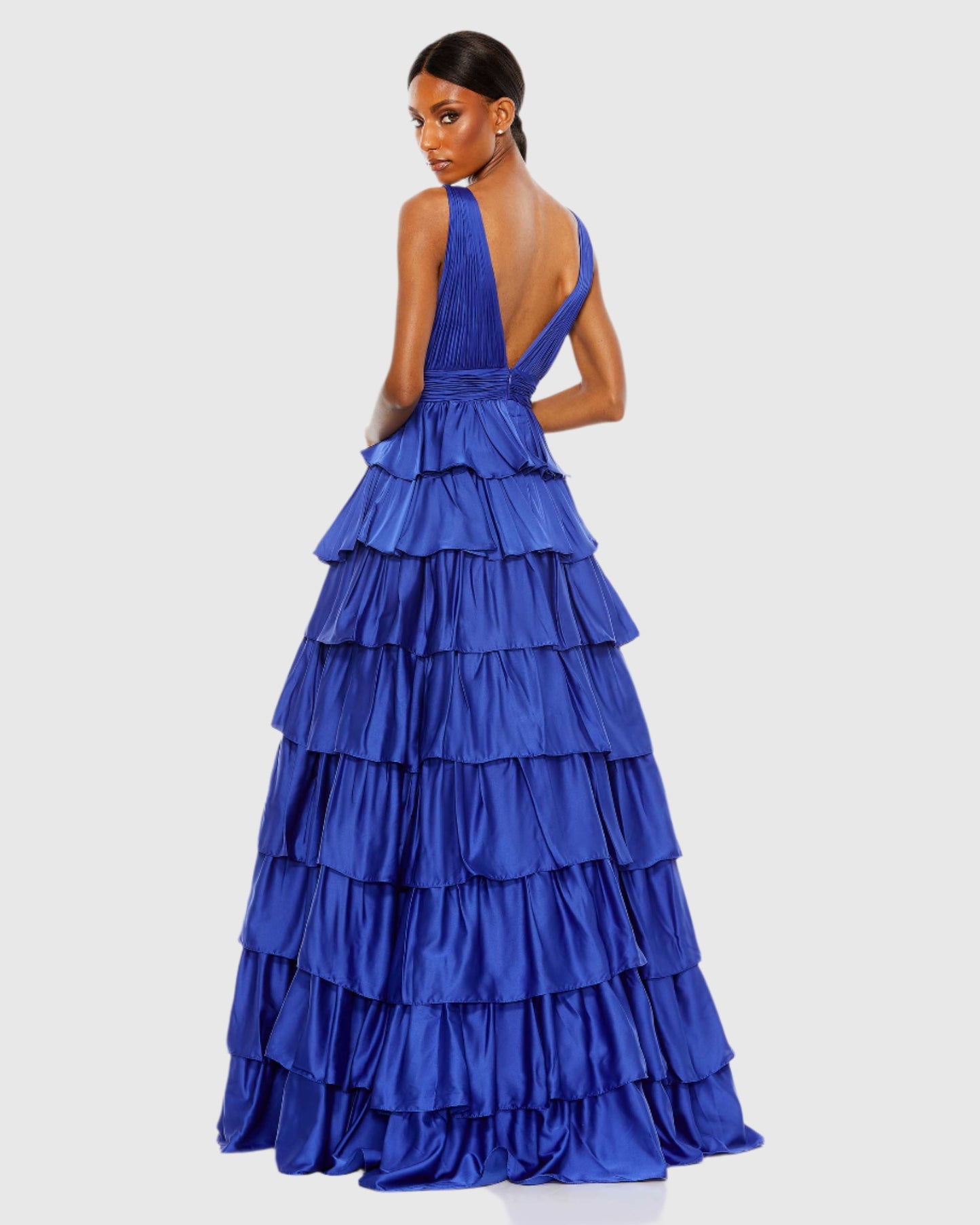 Ruffle Tiered Pleated Sleeveless V Neck Gown